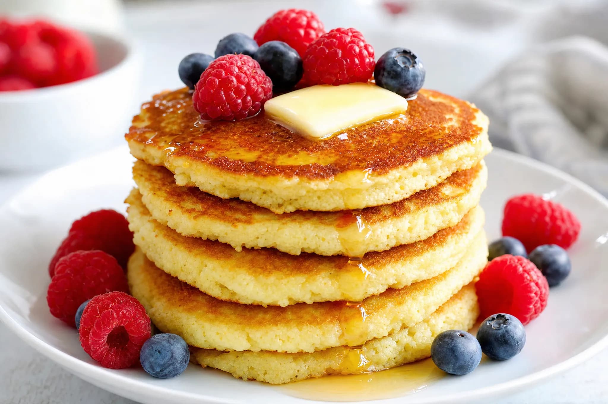 A stack of fluffy keto almond-flour pancakes topped with butter and fresh raspberries and blueberries on a white plate
