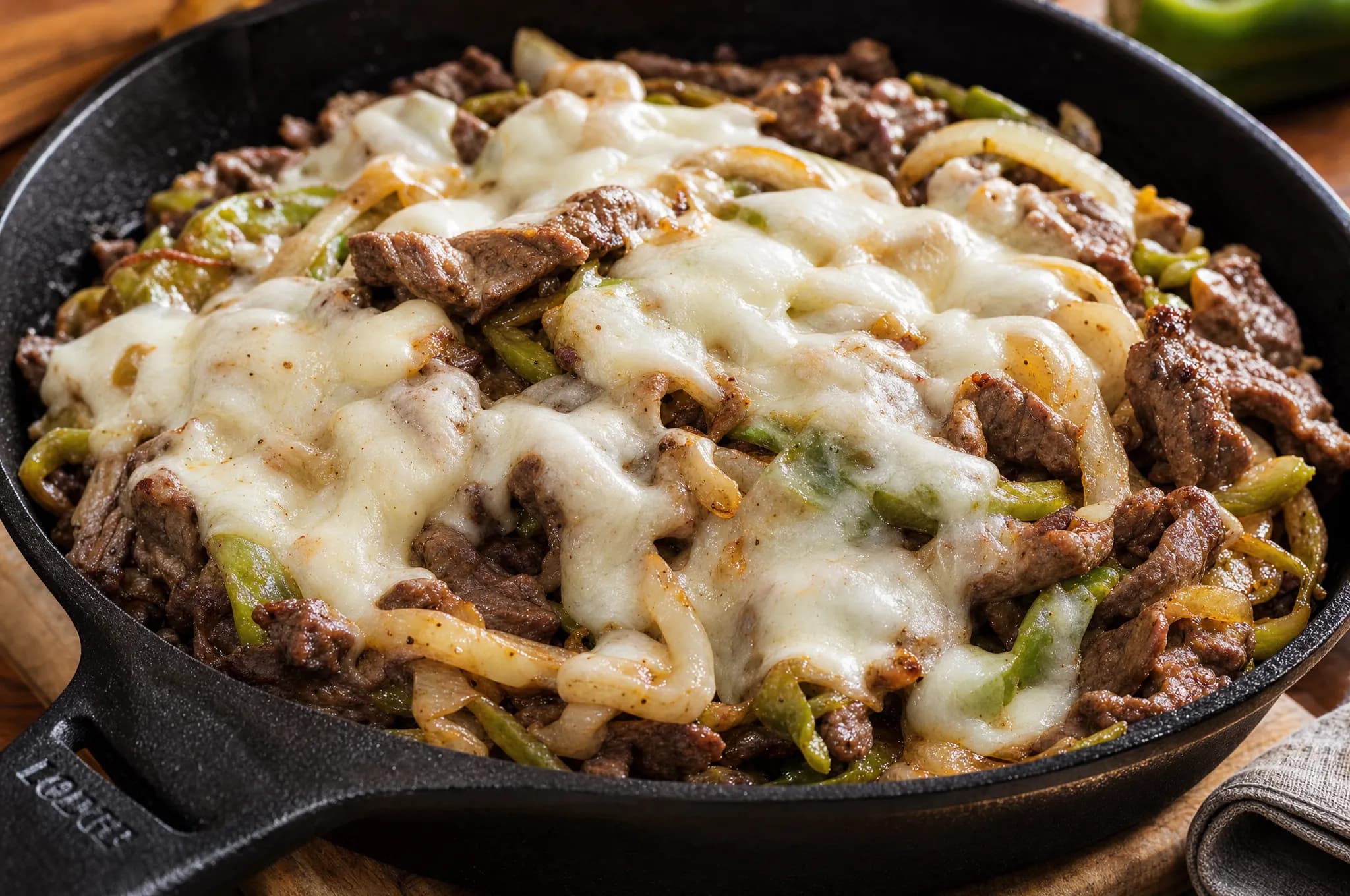 Keto philly cheesesteak skillet with thin-sliced steak, sautéed peppers and onions under melted provolone in a cast-iron pan