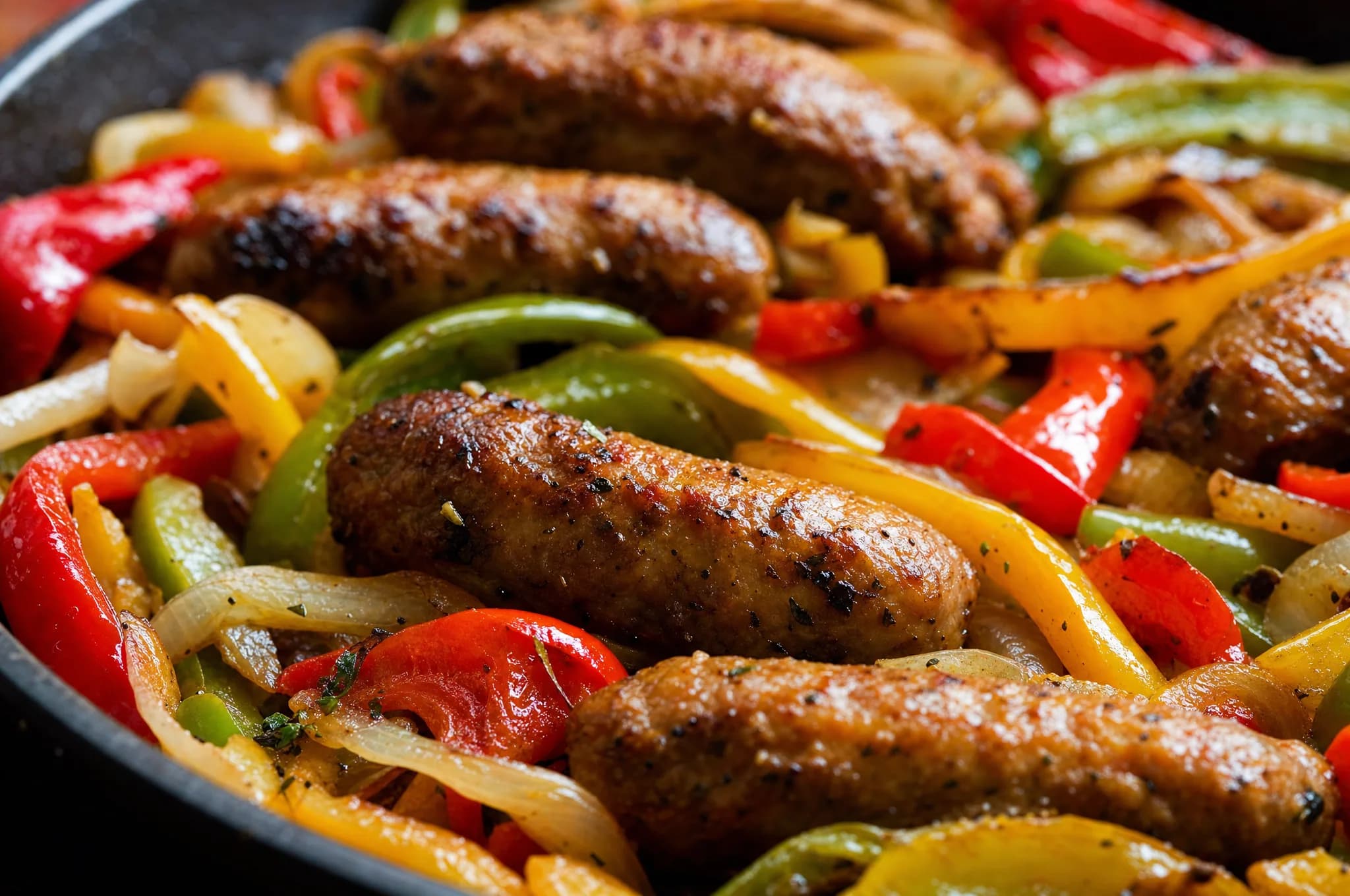 Browned Italian sausage links simmered with strips of red, yellow, and green bell pepper and onion in a cast-iron skillet