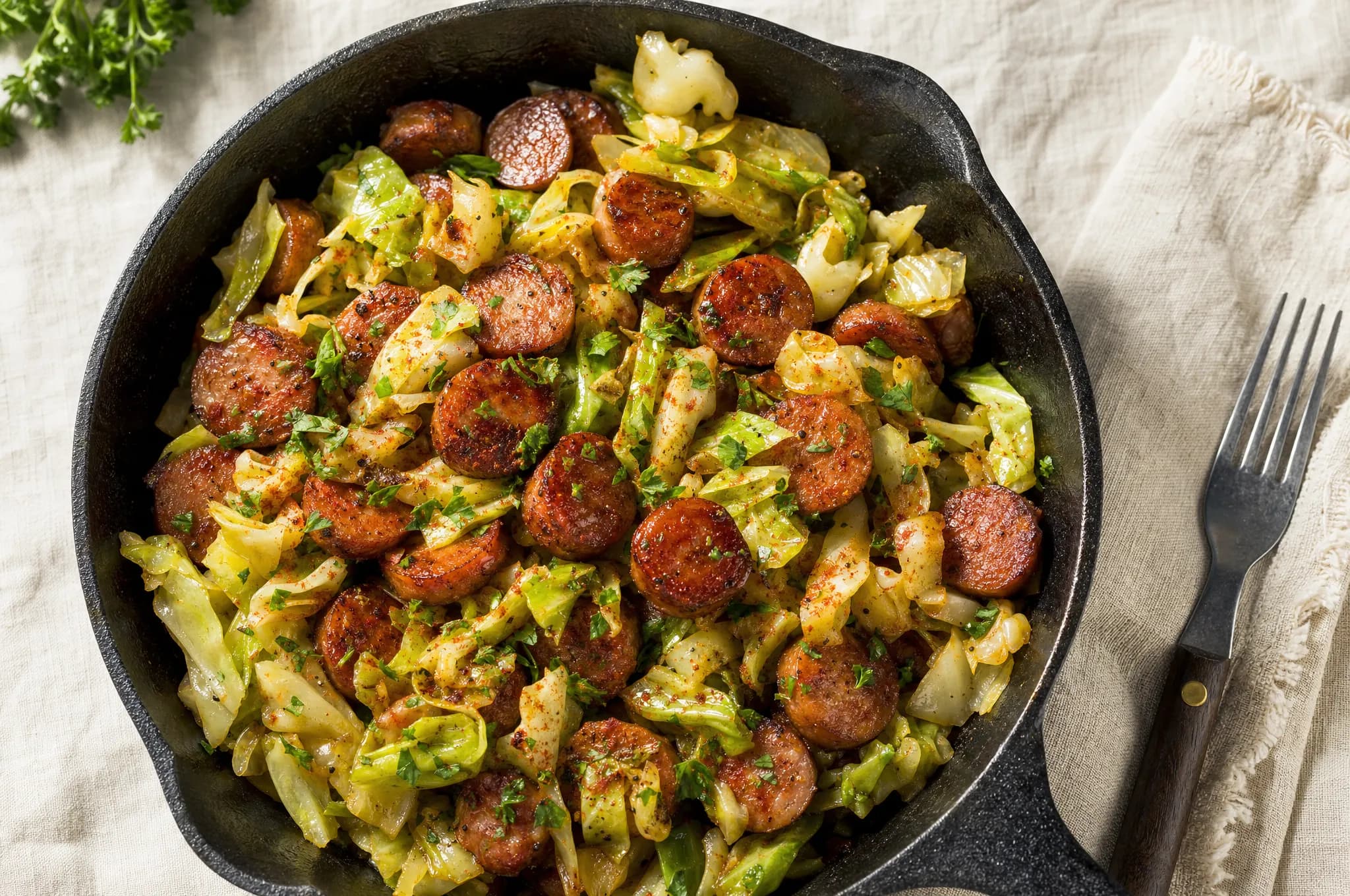 A large cast iron skillet of browned smoked sausage coins tossed with wilted green cabbage, flecked with paprika and fresh parsley