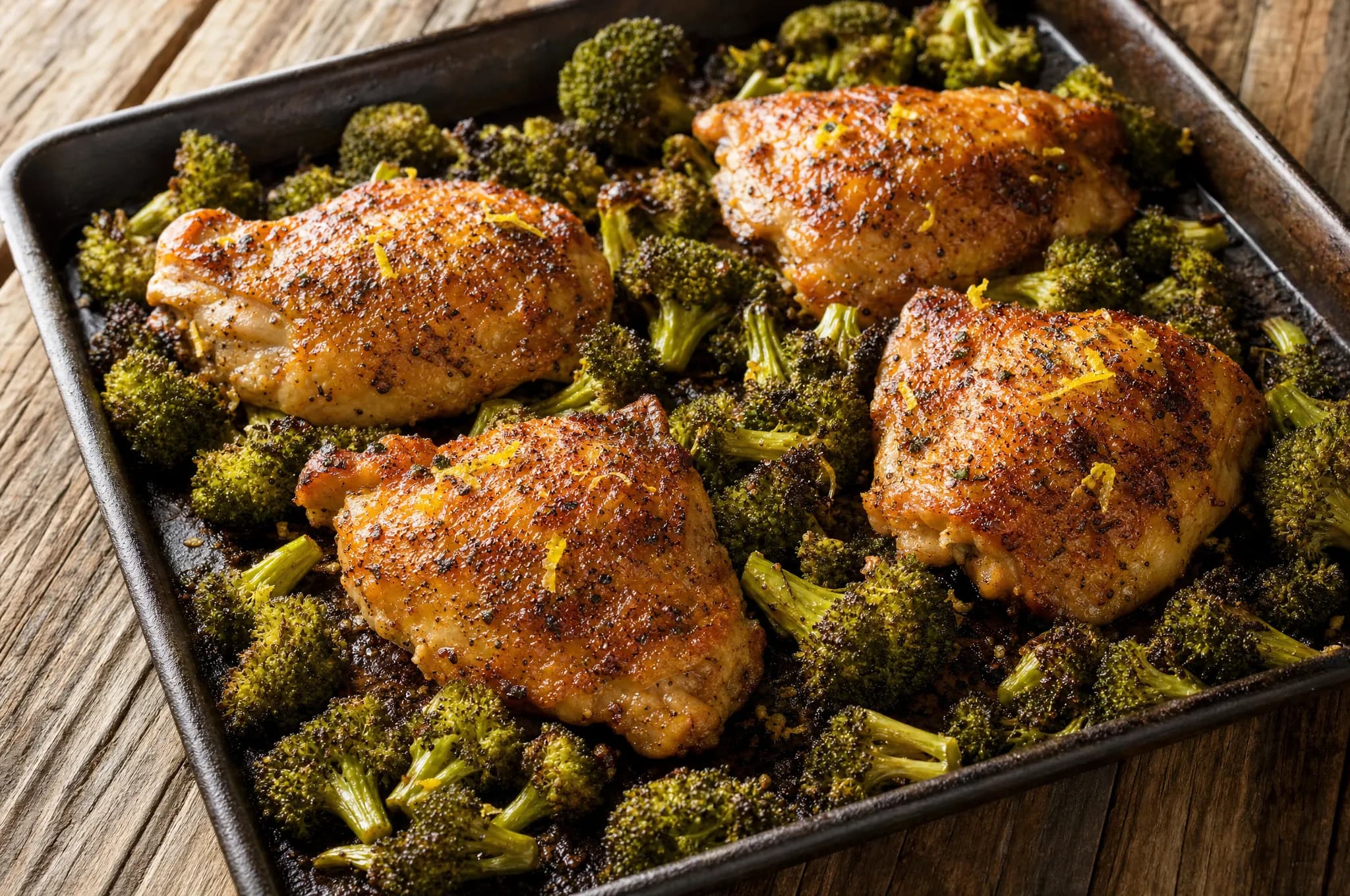 Four golden-crispy chicken thighs with charred broccoli florets on a dark sheet pan