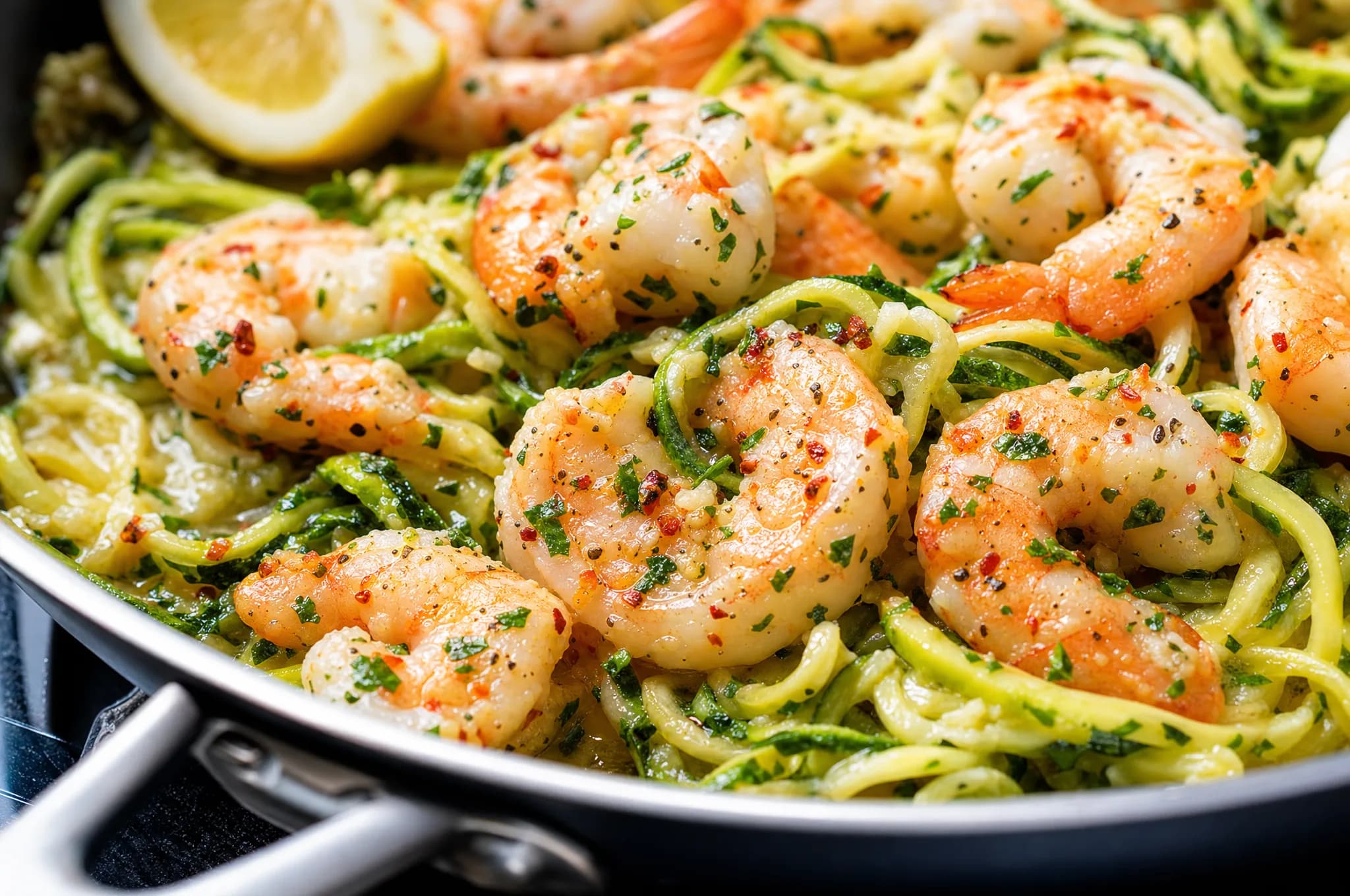 Garlic-butter keto shrimp scampi with lemon and parsley over a tangle of zucchini noodles in a skillet