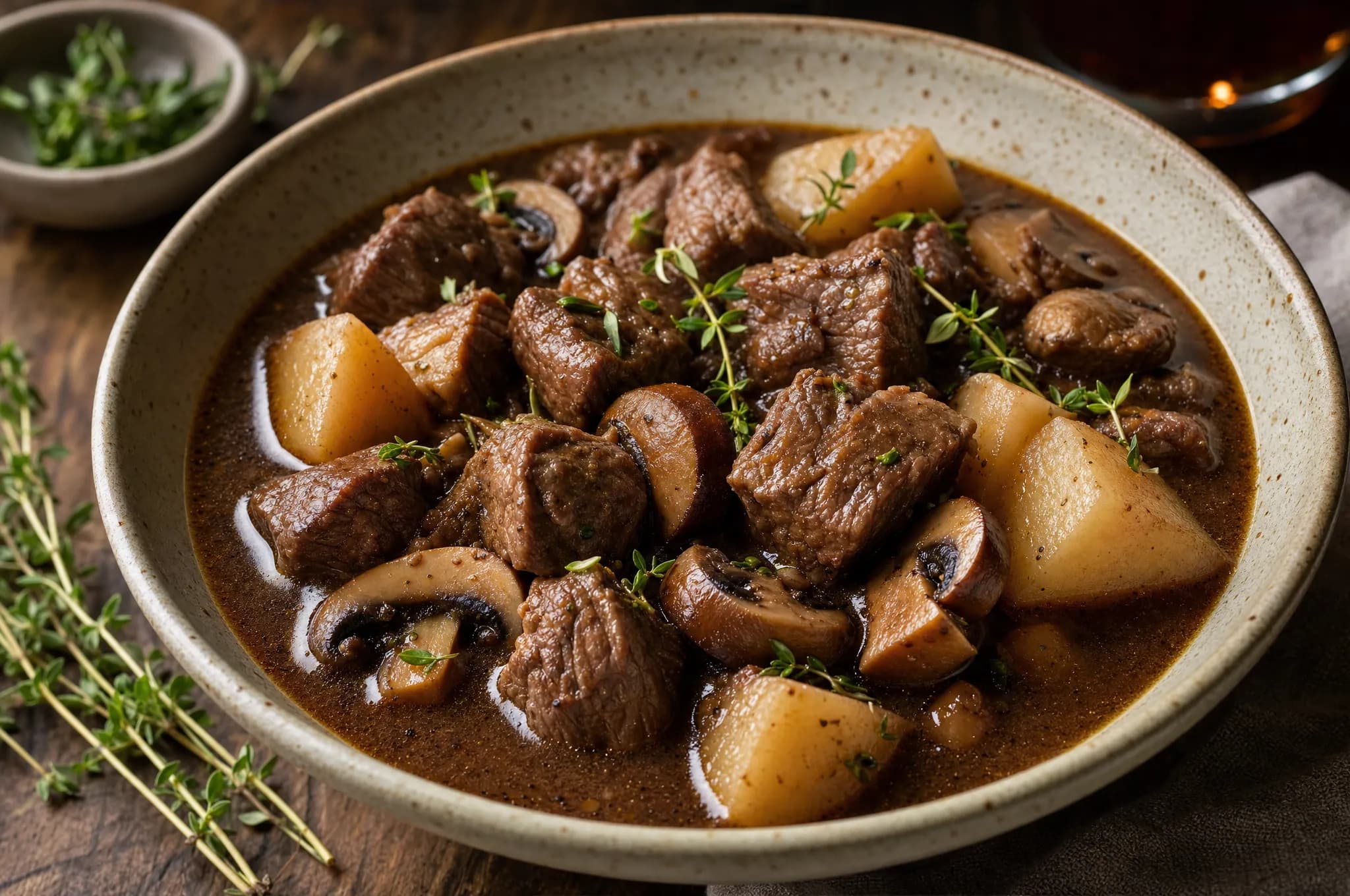 A bowl of hearty keto beef stew with chunks of beef, mushrooms, and turnips in a rich brown broth with fresh thyme