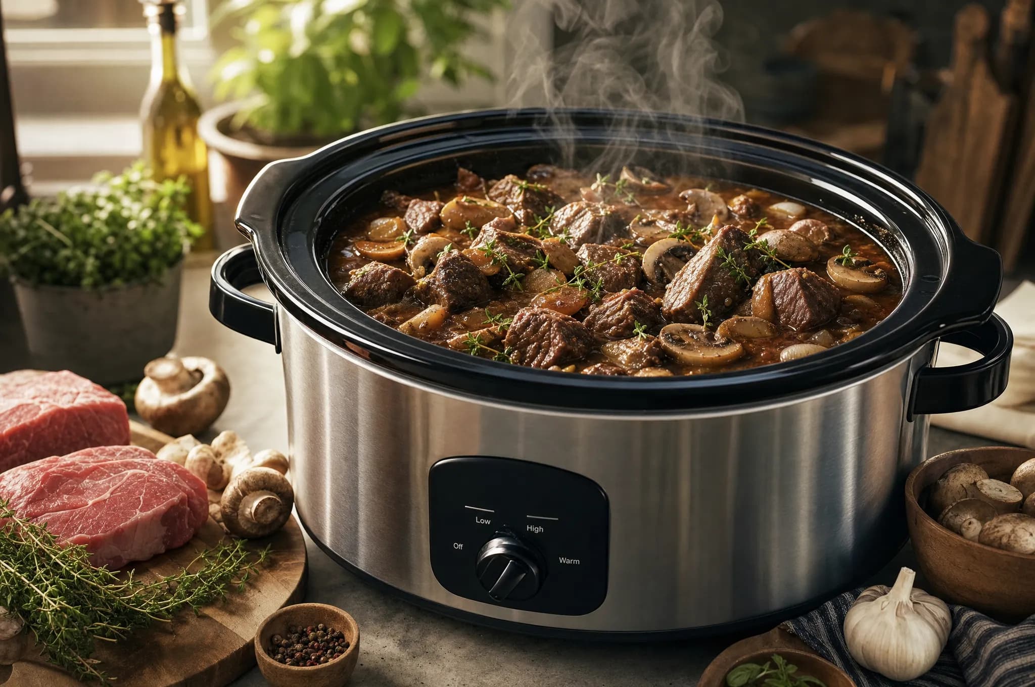 A slow cooker on a kitchen counter filled with rich keto beef stew, steam rising, surrounded by fresh low-carb ingredients