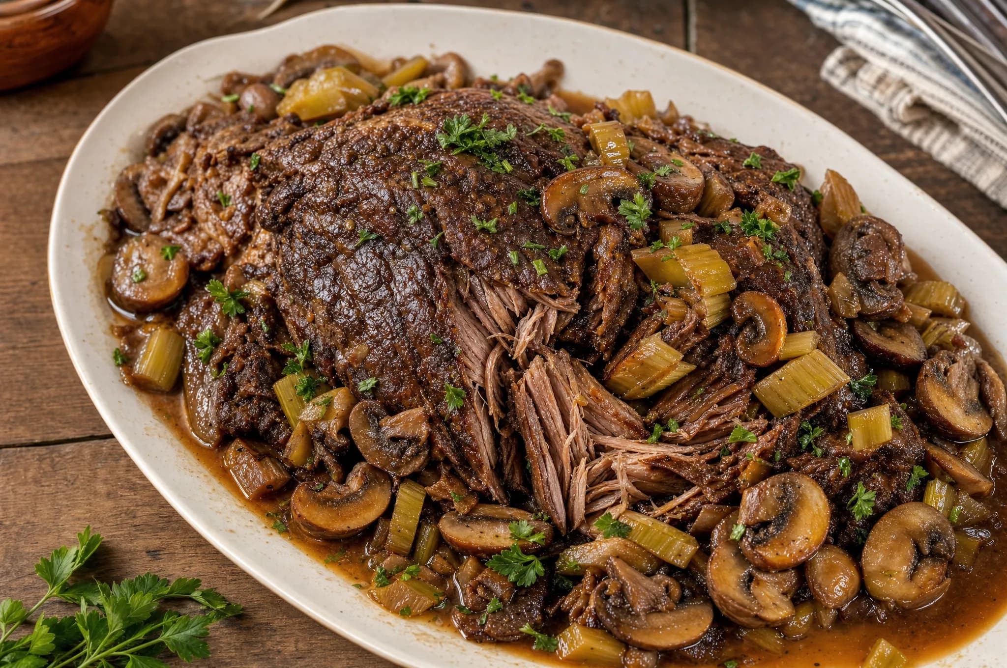 Keto slow cooker pot roast — fork-tender beef chuck with mushrooms and celery in rich brown gravy, garnished with parsley on a platter