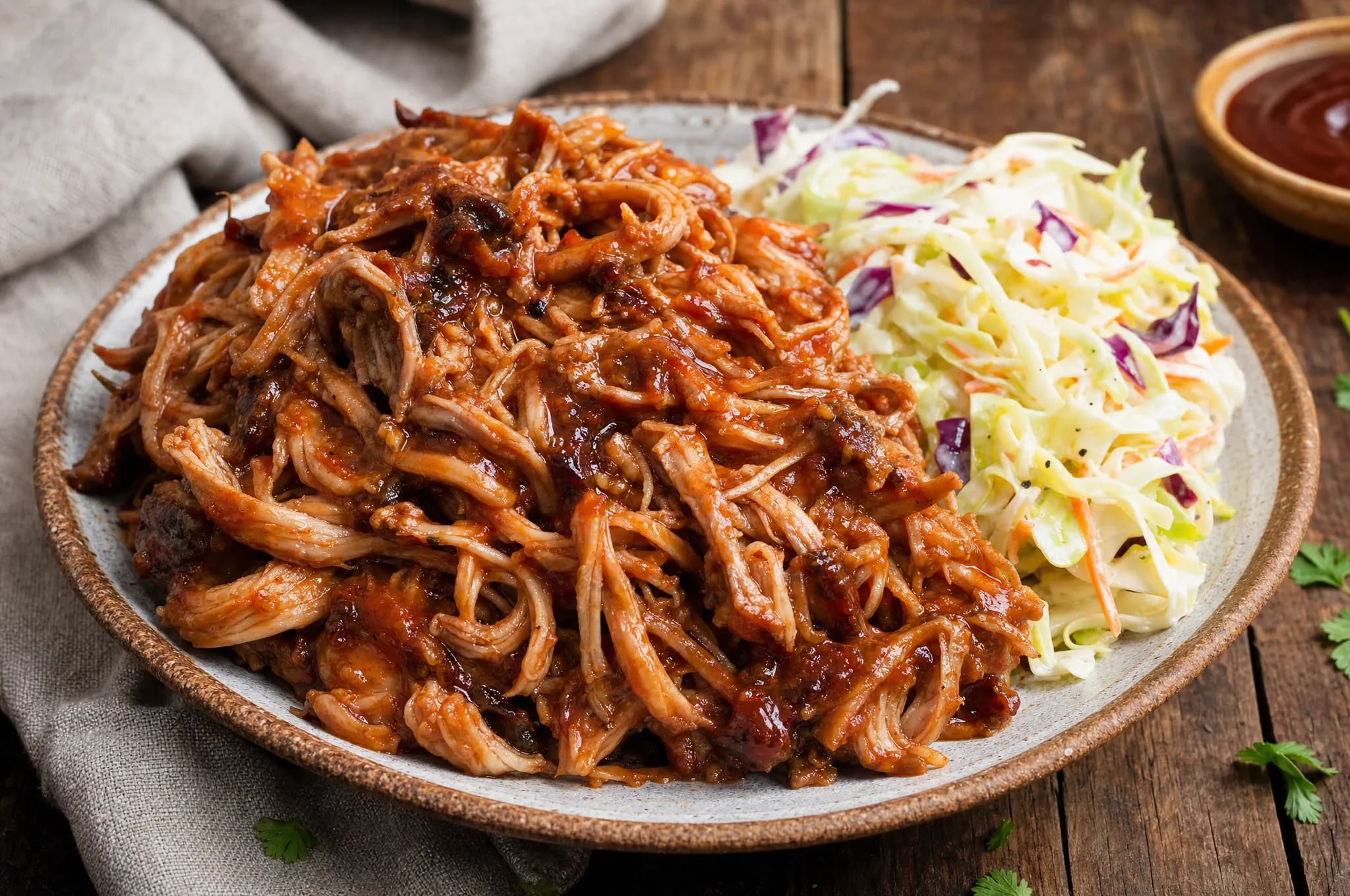 Keto slow cooker pulled pork — juicy shredded pork with a glossy sugar-free barbecue glaze on a plate with creamy coleslaw