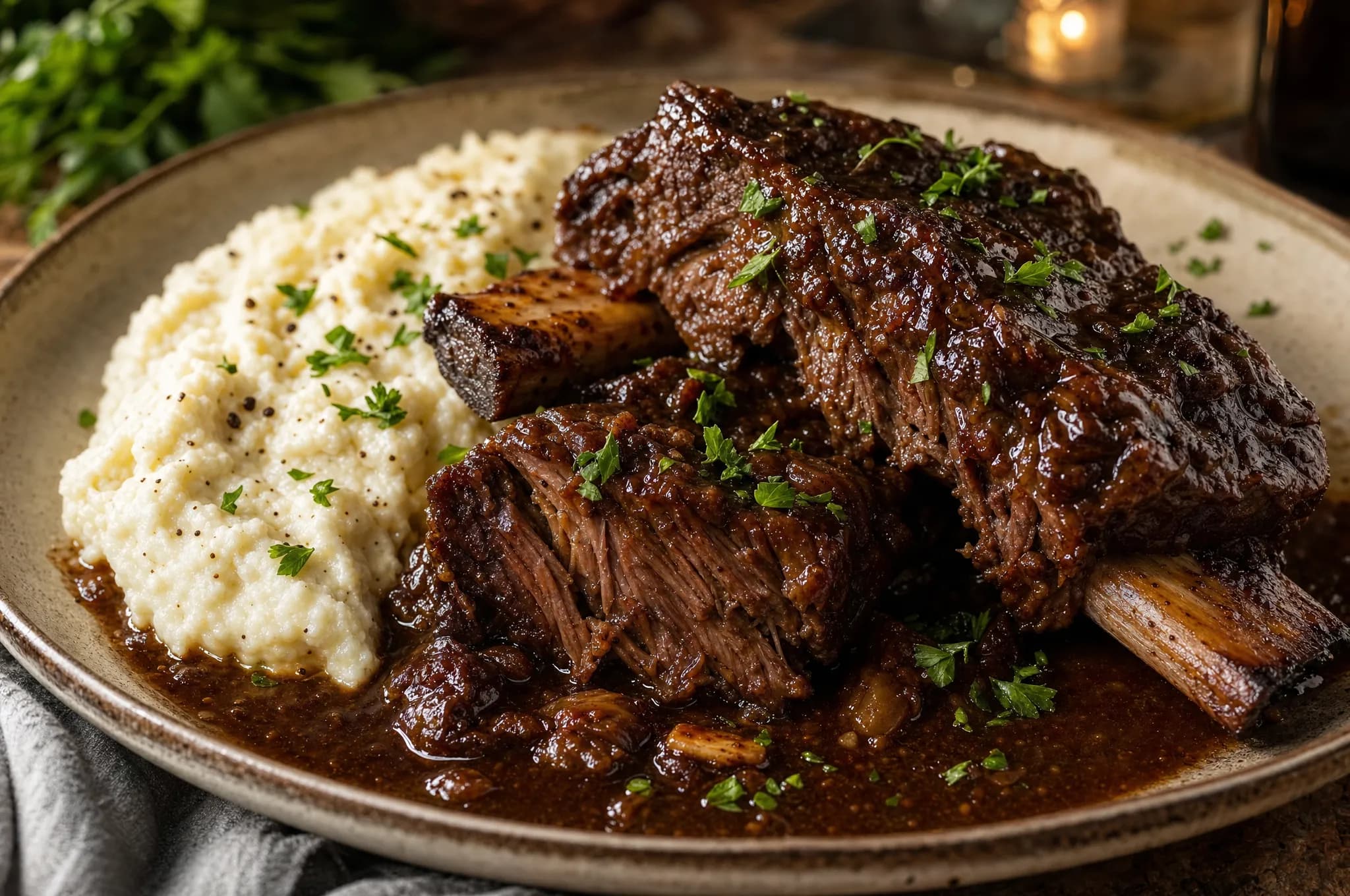 Keto slow cooker braised beef short ribs, fall-off-the-bone meat in a glossy dark sauce with parsley, plated beside creamy cauliflower mash