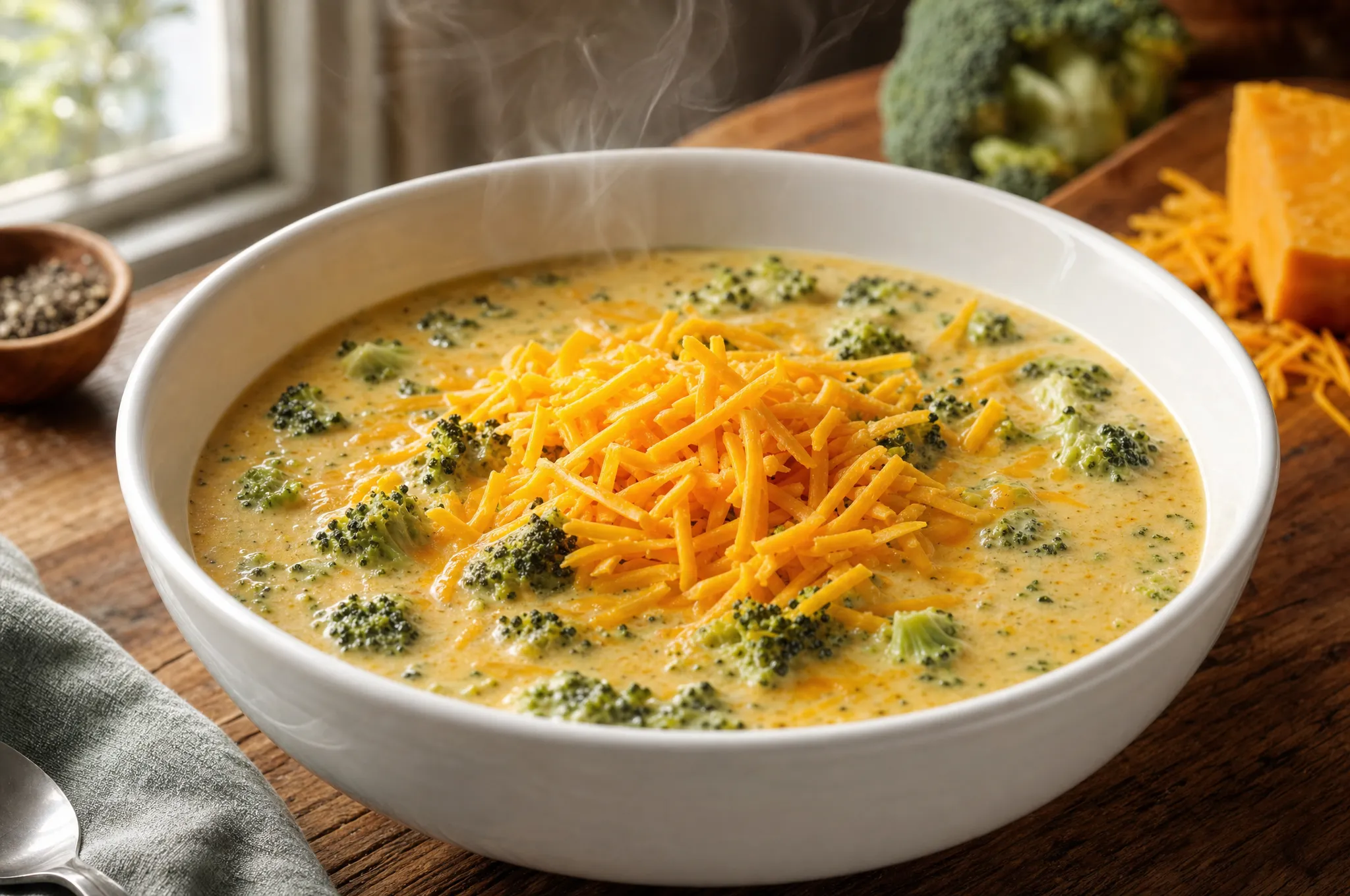 A deep bowl of creamy keto broccoli cheddar soup with shredded cheese on top, set on a wooden table with a spoon beside it
