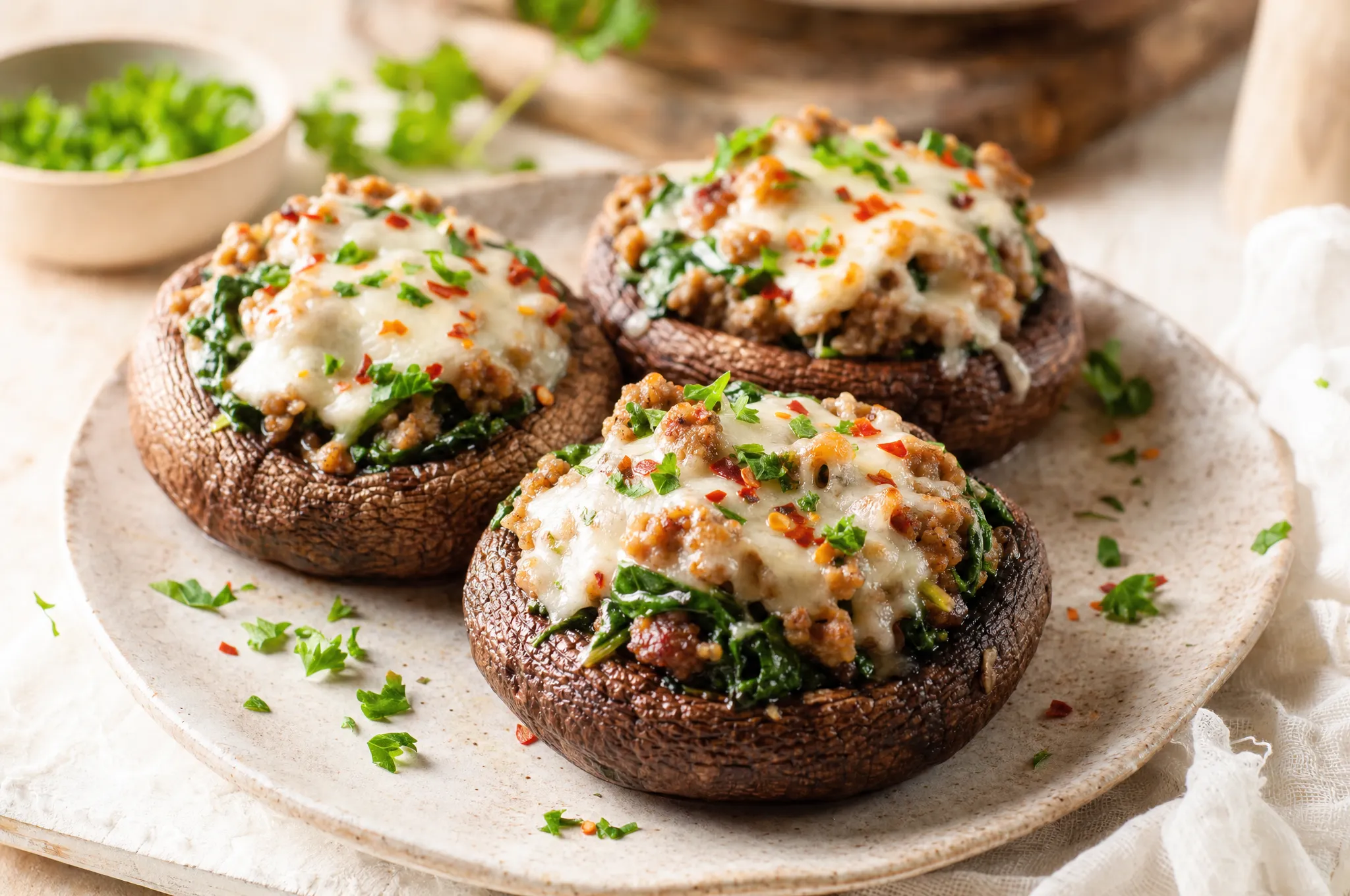 Baked portobello mushroom caps stuffed with sausage, cream cheese, and melted mozzarella, garnished with parsley and red pepper flakes