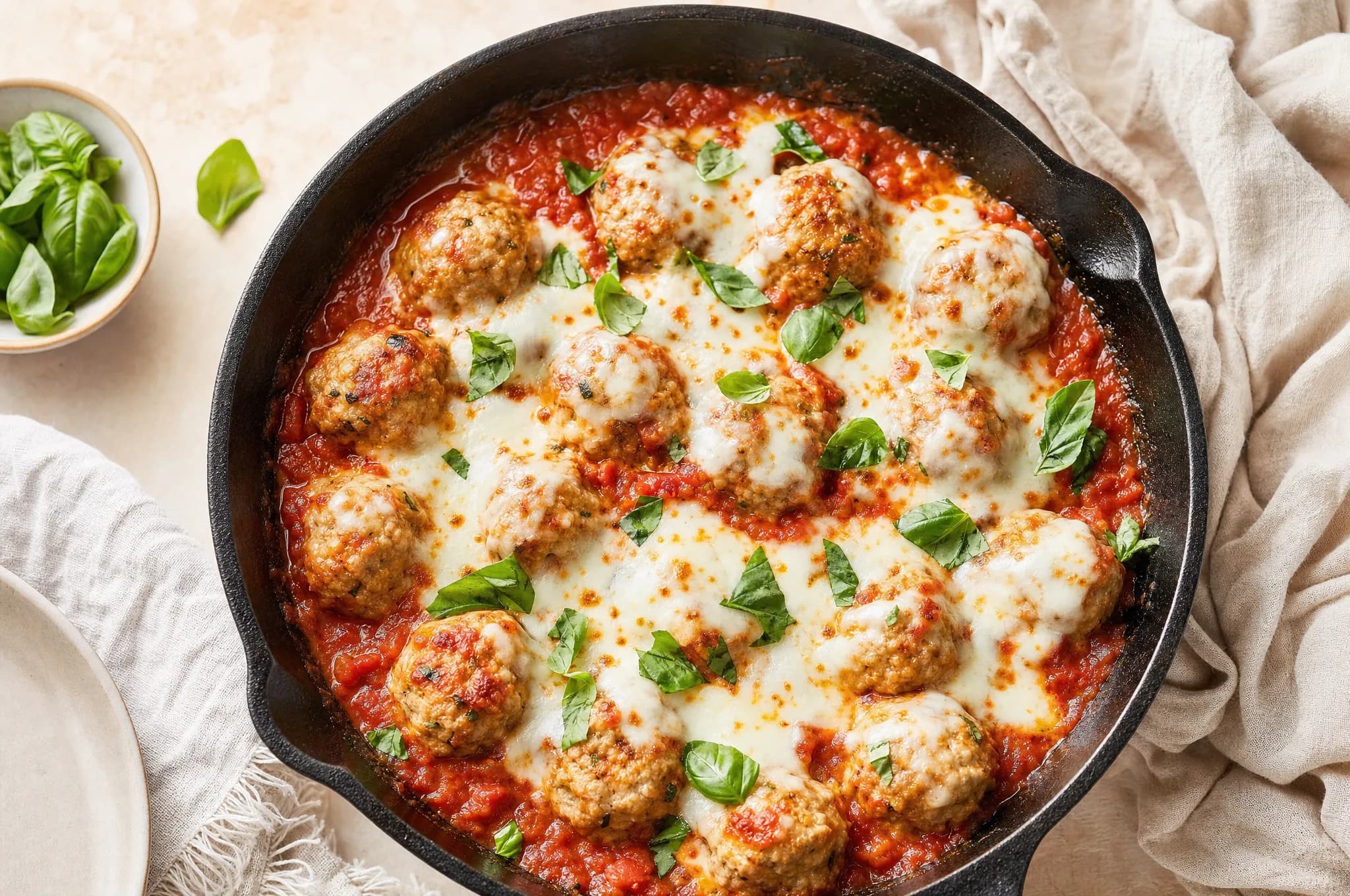 Ground turkey meatballs in tomato marinara topped with melted mozzarella and fresh basil in a cast-iron skillet