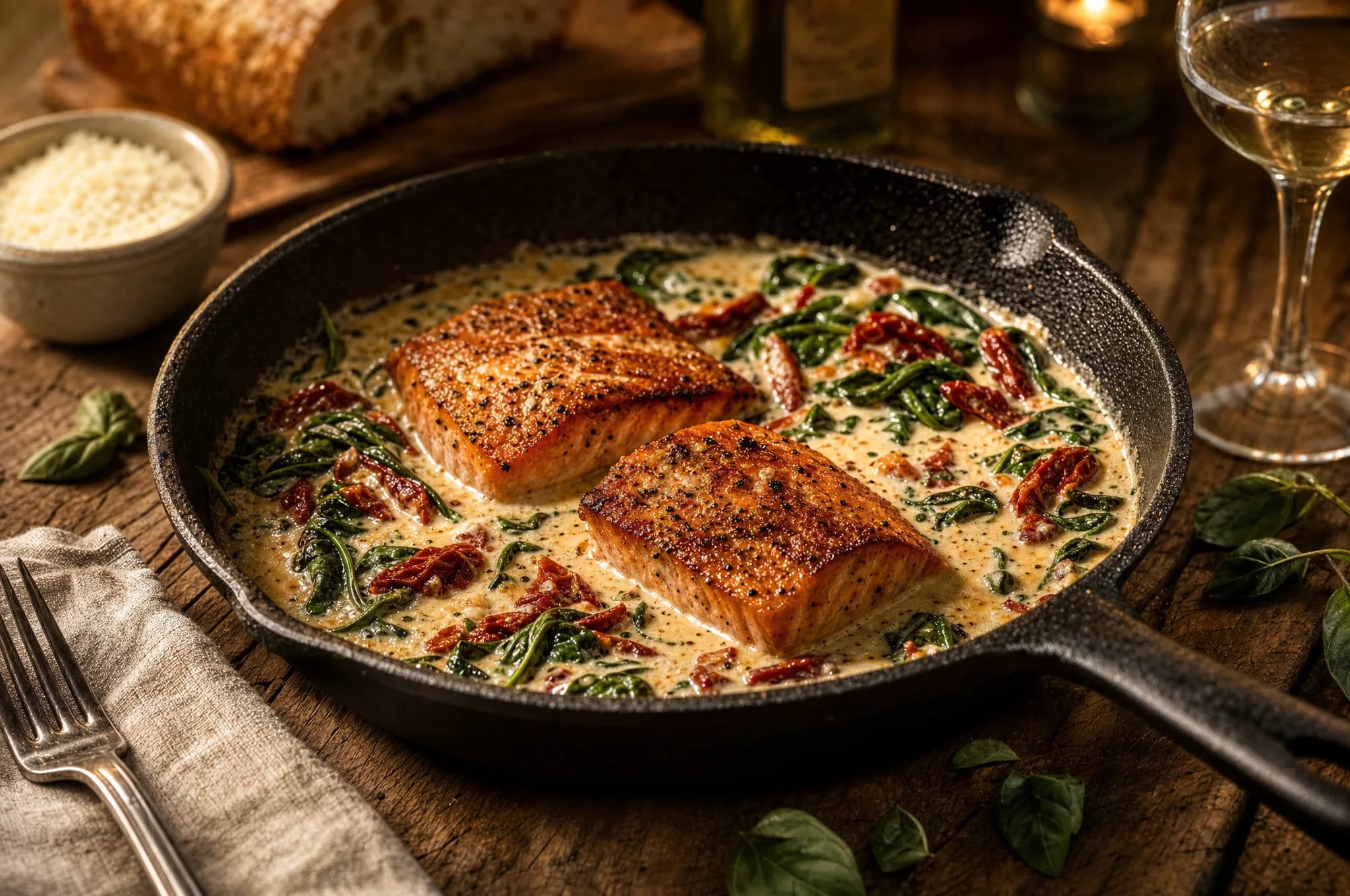 Seared salmon fillets in a creamy garlic parmesan sauce with sun-dried tomatoes and wilted spinach in a skillet