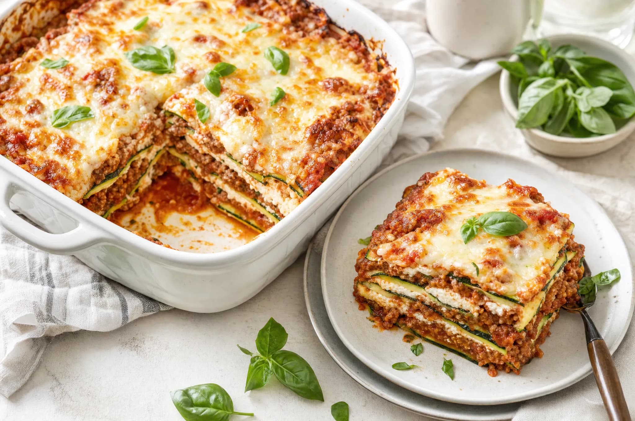 A crustless keto zucchini lasagna in a white baking dish with golden melted mozzarella and basil, one square lifted onto a plate showing the zucchini, beef, and ricotta layers