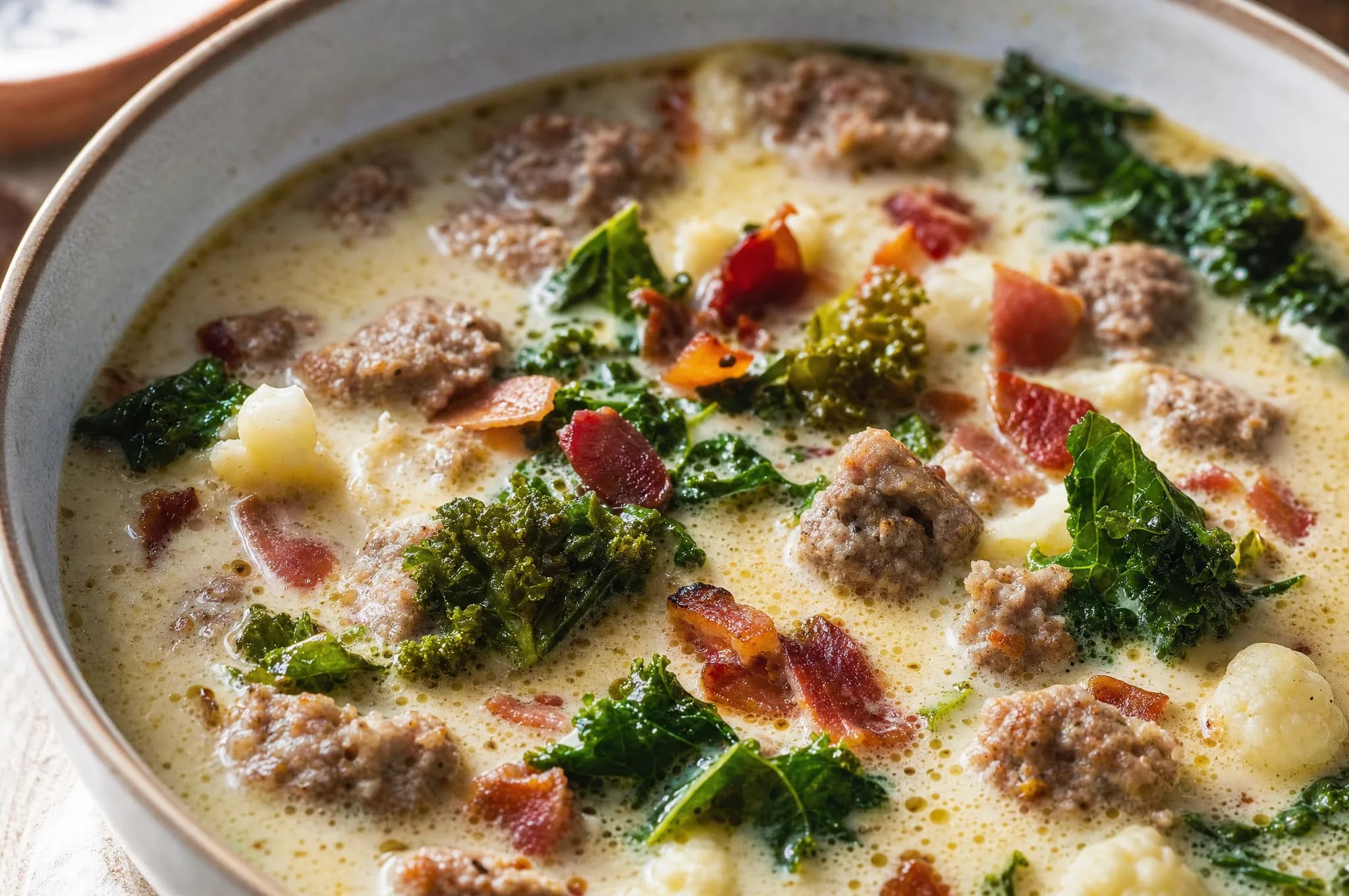 A bowl of creamy keto zuppa toscana with Italian sausage, torn kale, cauliflower florets, and bacon in a rich broth