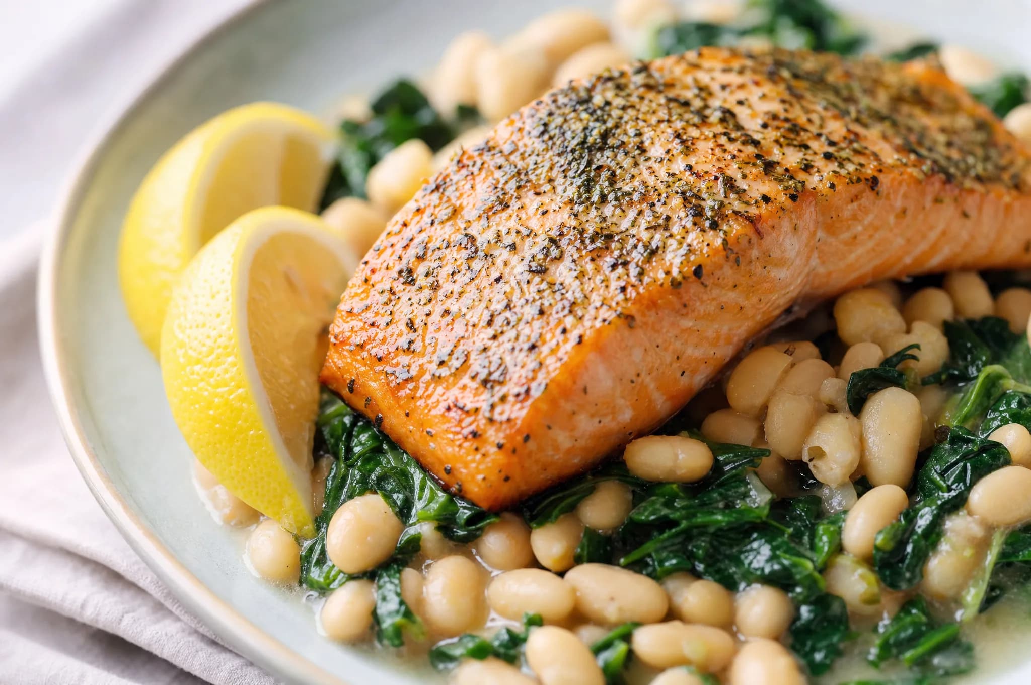 Herb-baked salmon fillet with lemon over creamy garlic white beans and wilted spinach on a plate, drizzled with olive oil