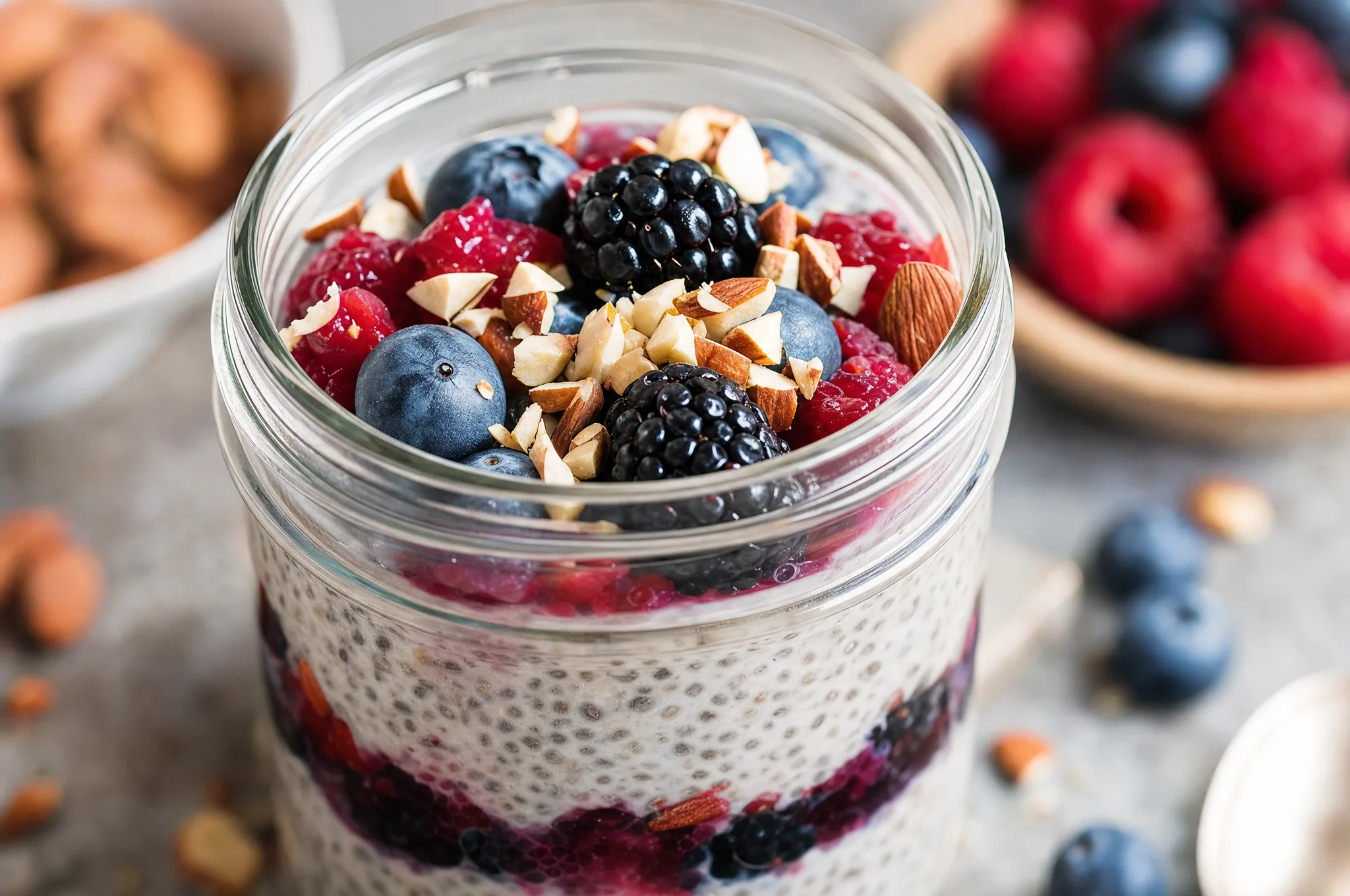 A glass jar of thick vanilla chia pudding layered with mixed berries and topped with chopped almonds, spoon resting alongside on a light surface