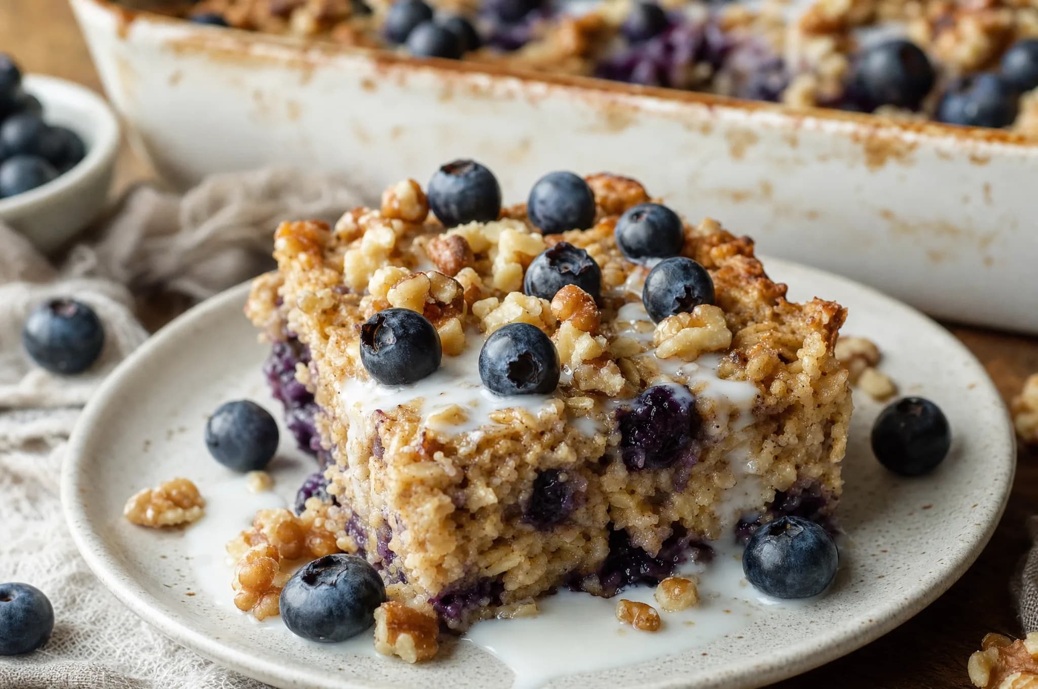 Golden squares of blueberry-walnut baked oatmeal in a baking dish, studded with berries and chopped walnuts, one square lifted out on a spatula