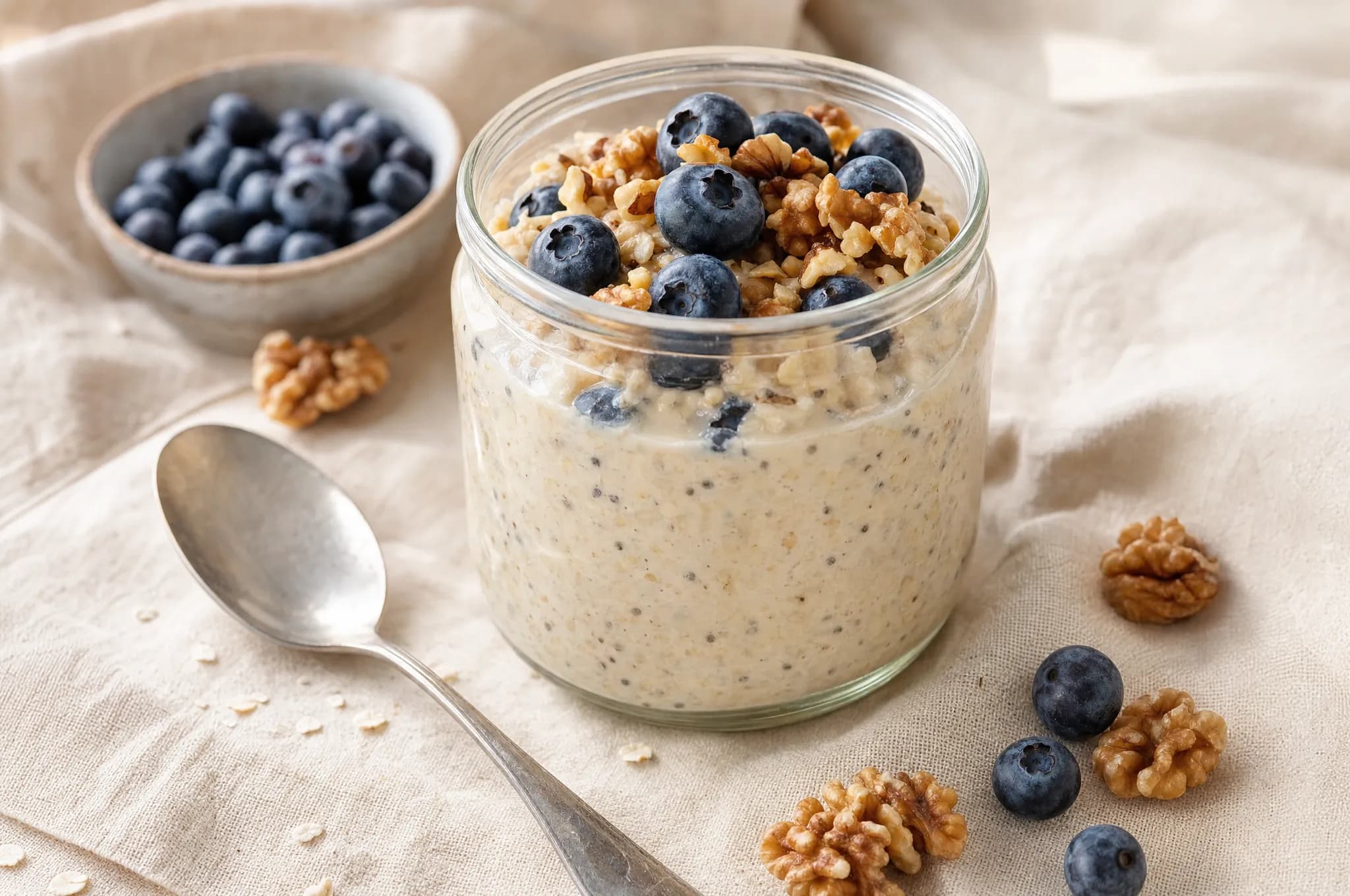 A jar of creamy overnight oats topped with fresh blueberries and chopped walnuts, with a spoon resting alongside