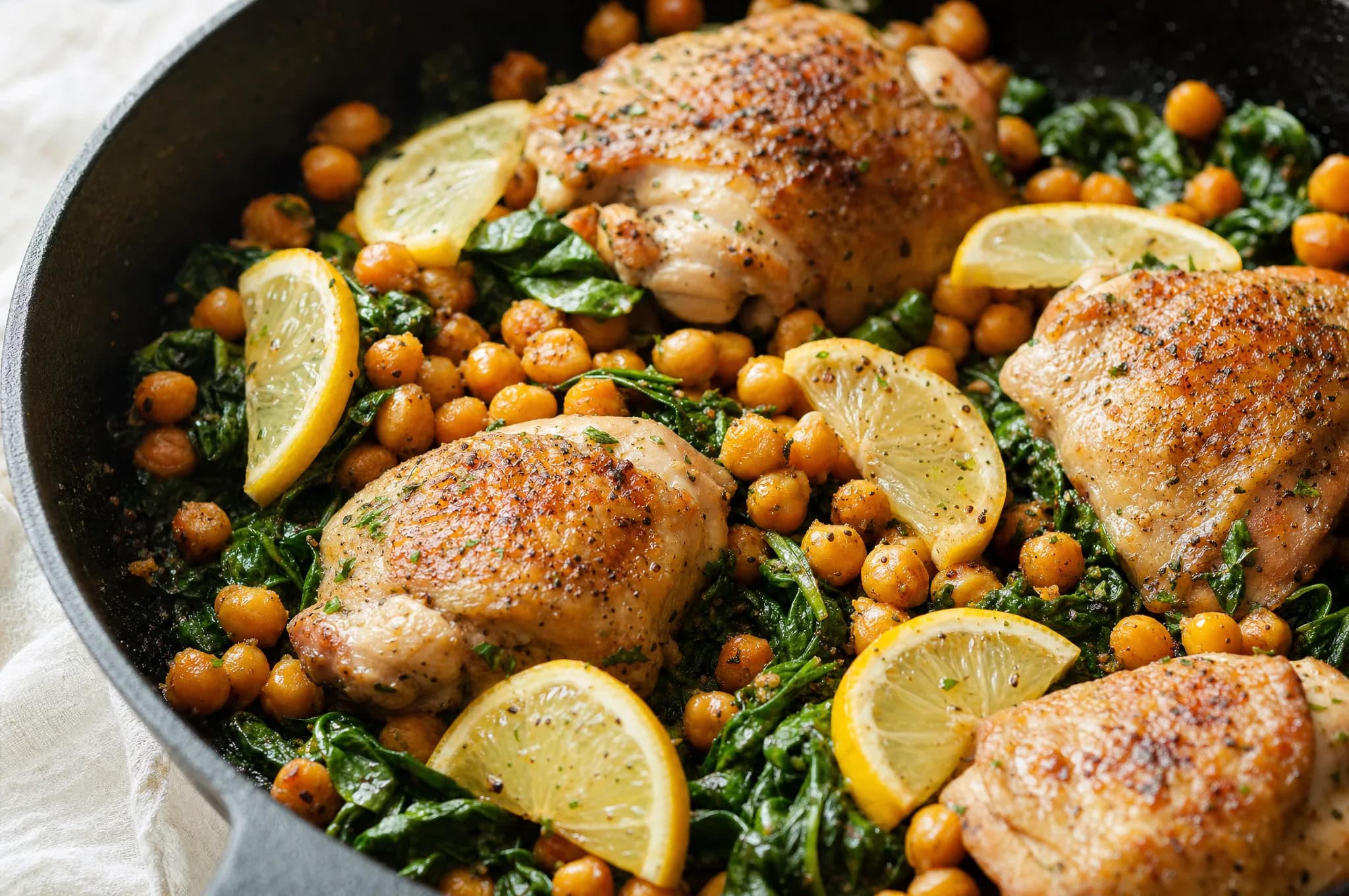Seared chicken pieces over crisped golden chickpeas and wilted spinach in a skillet, finished with lemon wedges and a scatter of parsley