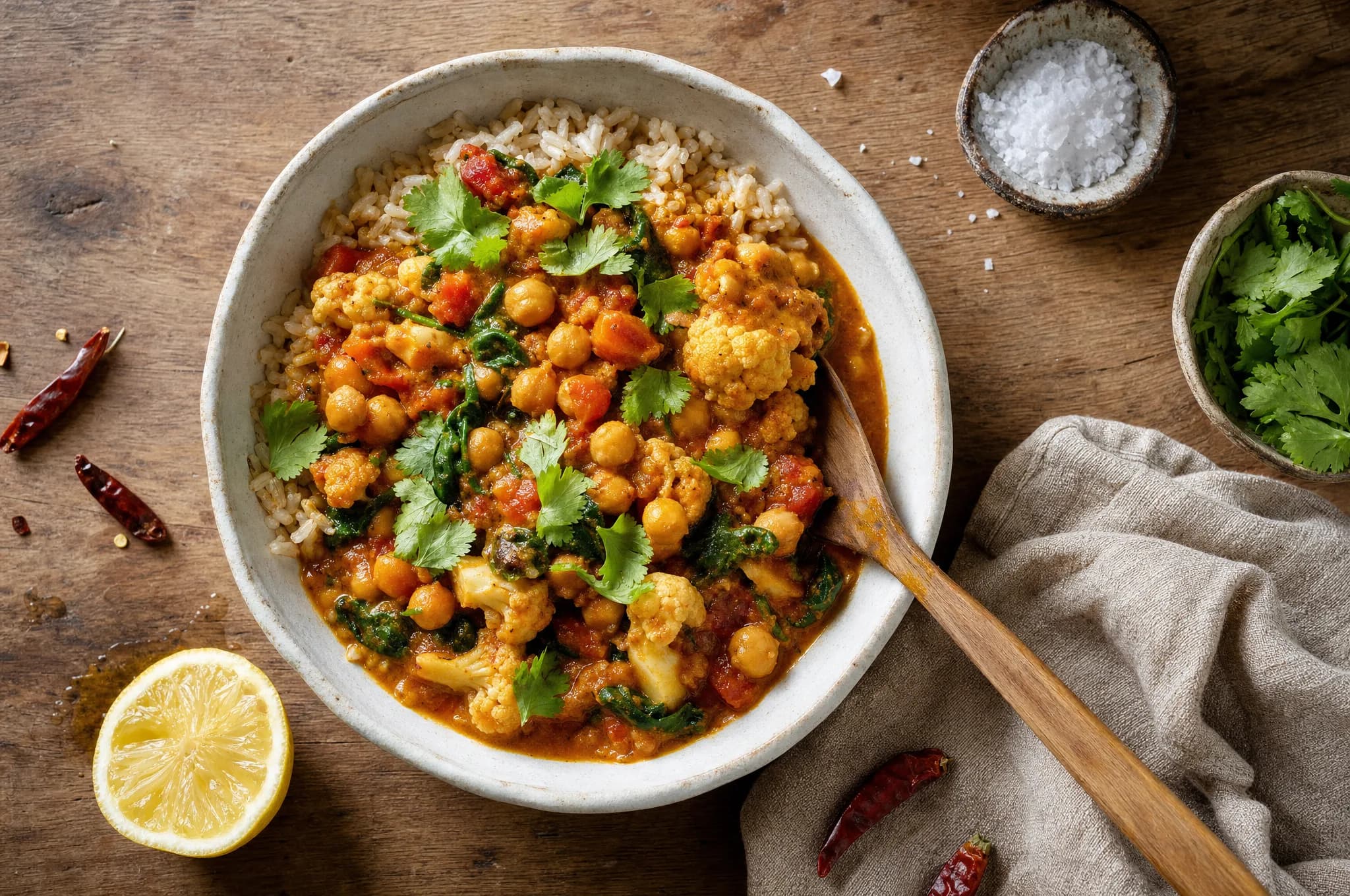 A bowl of chickpea and vegetable curry with cauliflower and spinach in a golden-red spiced tomato sauce over brown rice, garnished with fresh cilantro