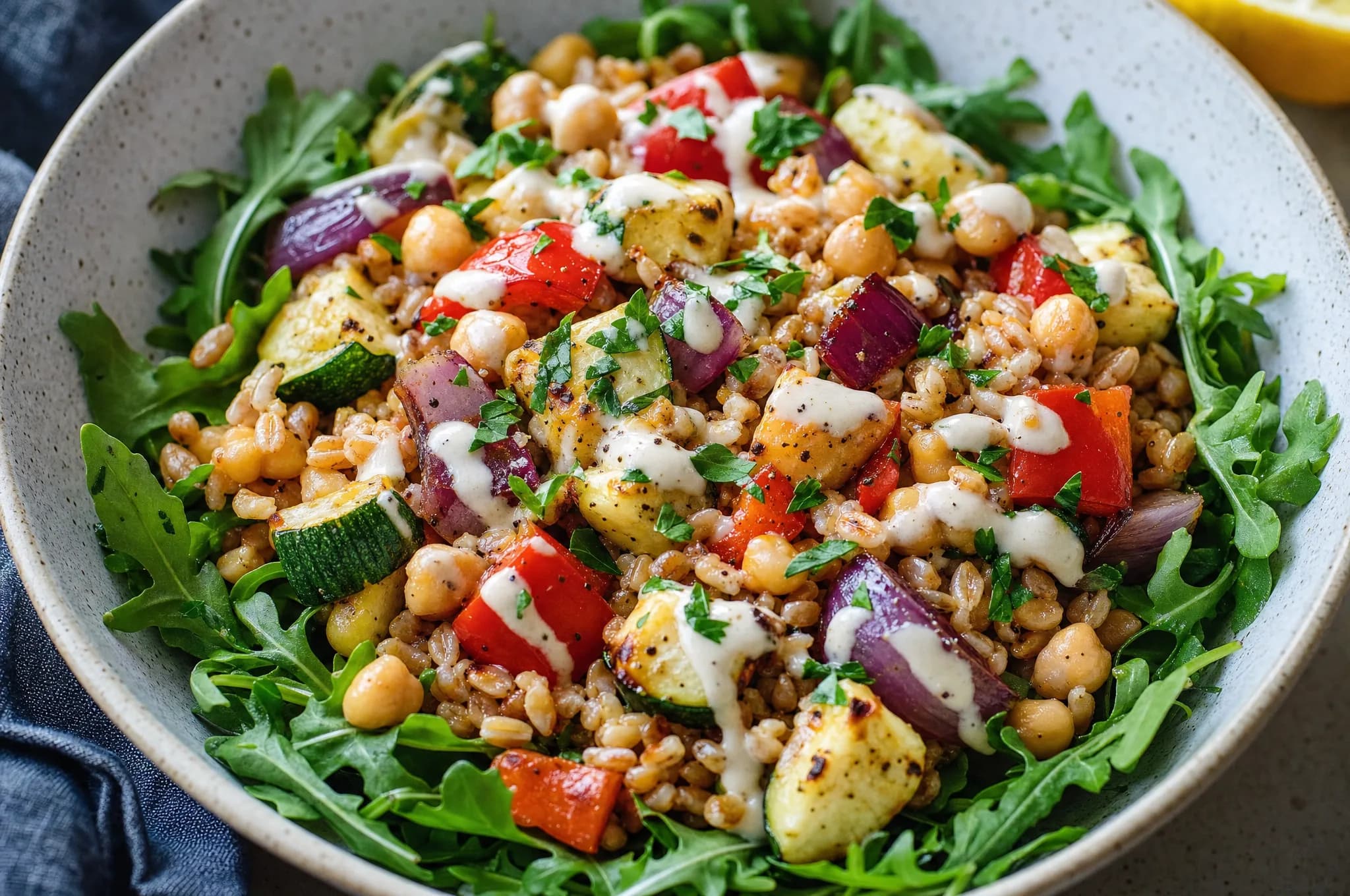 A Mediterranean farro bowl with roasted zucchini, red bell pepper, red onion, and chickpeas over arugula, finished with a lemon-tahini drizzle and chopped parsley