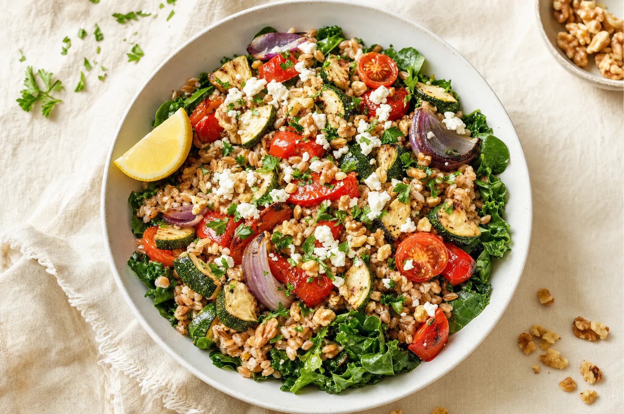 A bowl of farro tossed with roasted zucchini, red pepper, onion, and cherry tomatoes over baby kale, topped with crumbled feta and walnuts