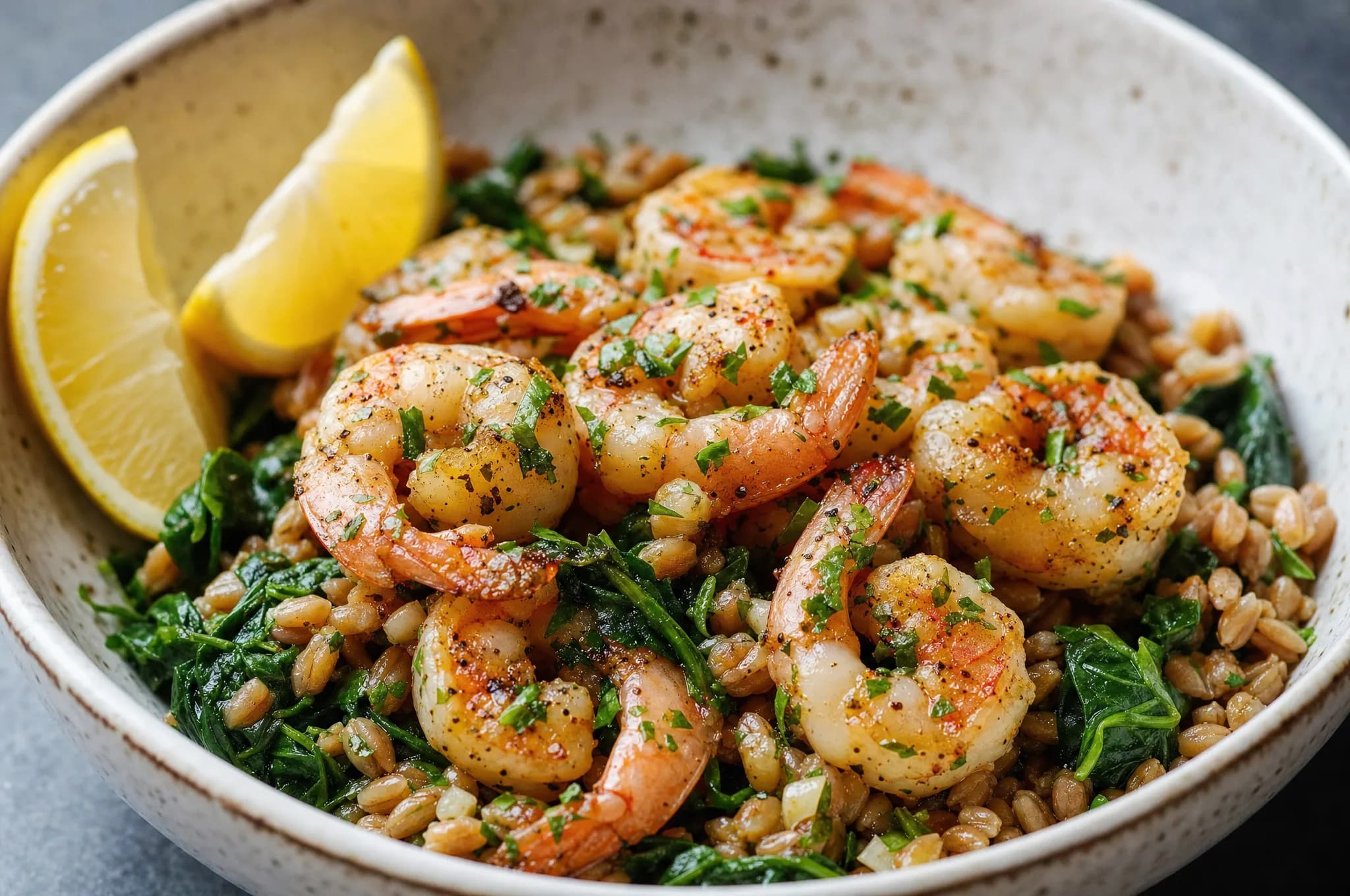 Sautéed garlic-herb shrimp with lemon and red pepper flakes piled over farro tossed with wilted spinach, scattered with fresh parsley in a skillet