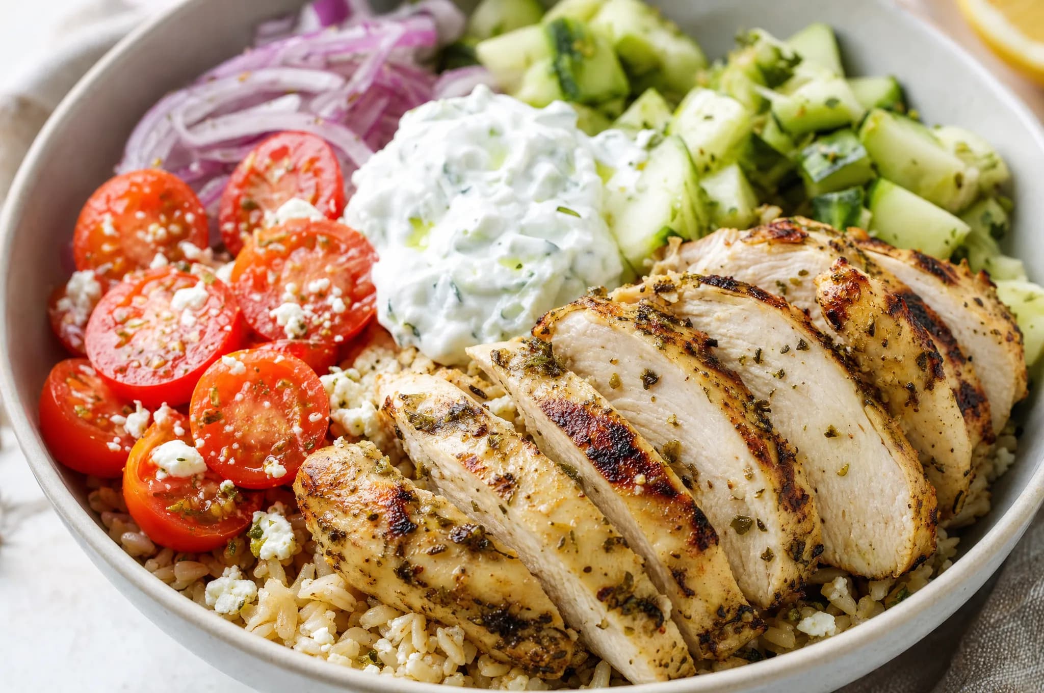 Sliced lemon-oregano chicken over brown rice in a bowl with cucumber, cherry tomatoes, red onion, and a spoonful of yogurt tzatziki, scattered with fresh dill