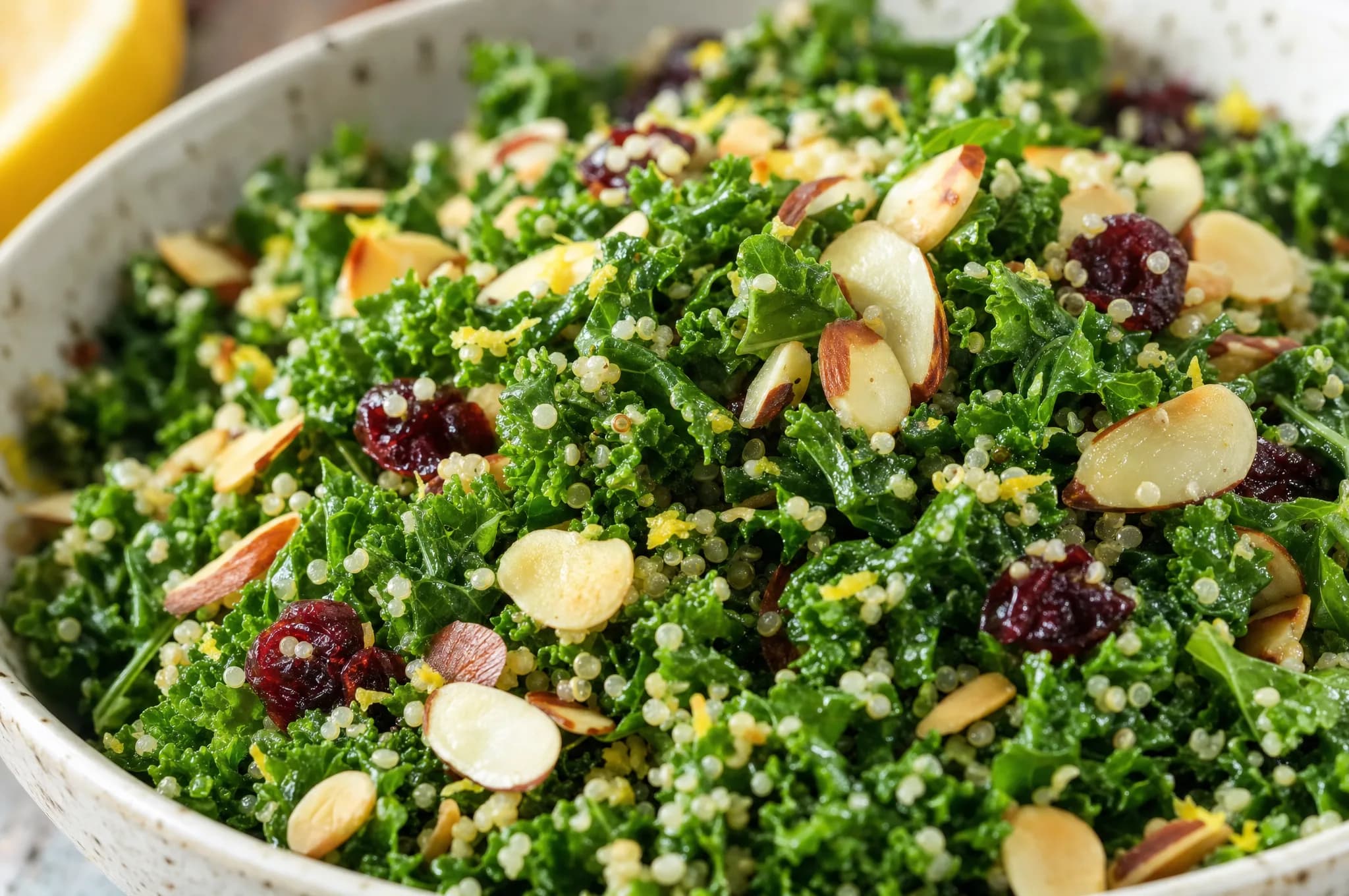 Massaged kale and quinoa salad with dried cranberries and toasted sliced almonds tossed in a lemon-olive-oil dressing in a wooden bowl