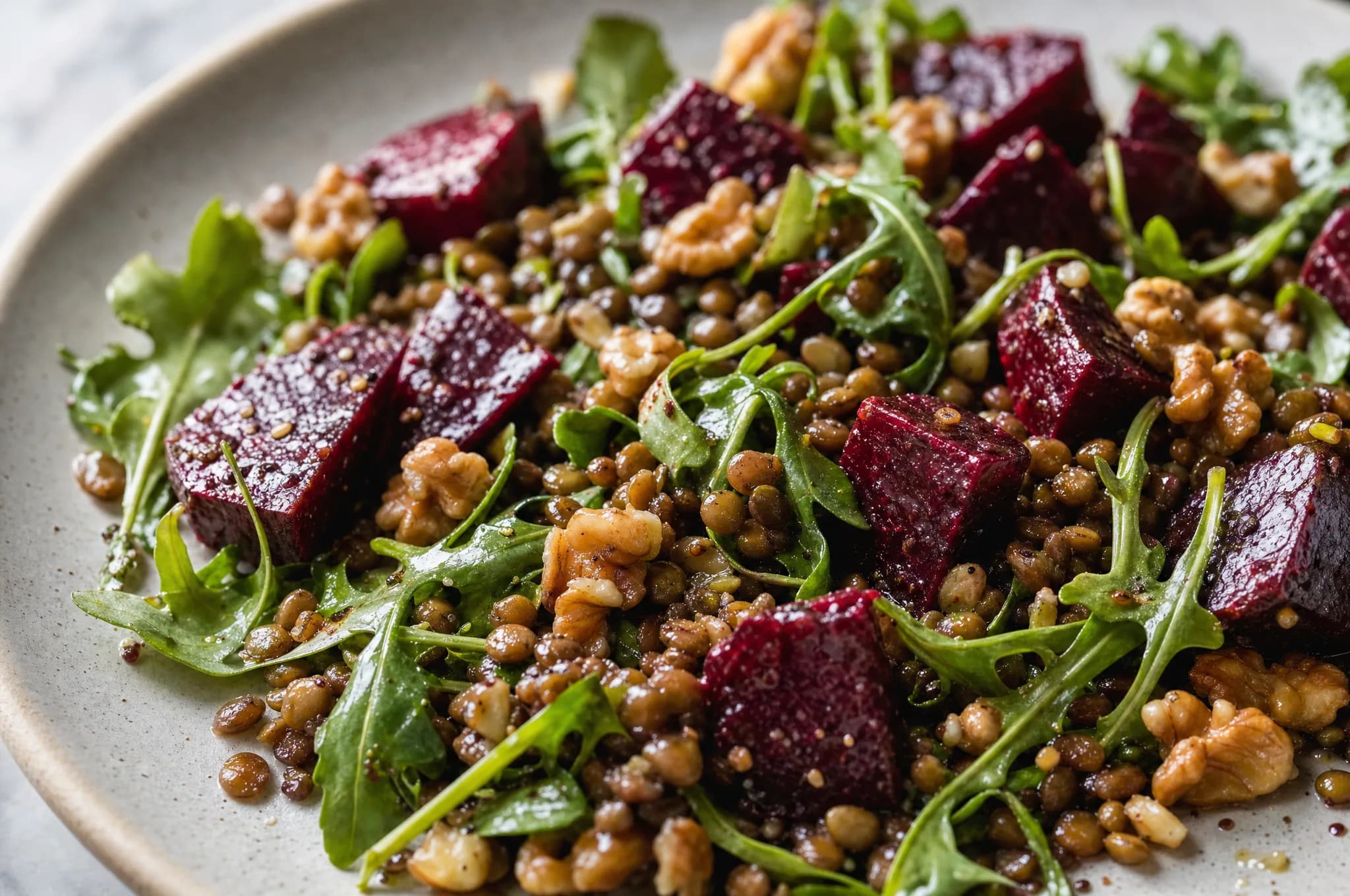 Lentil and roasted-beet salad with ruby beet wedges, brown lentils, toasted walnuts, and arugula in a Dijon-shallot vinaigrette on a white platter