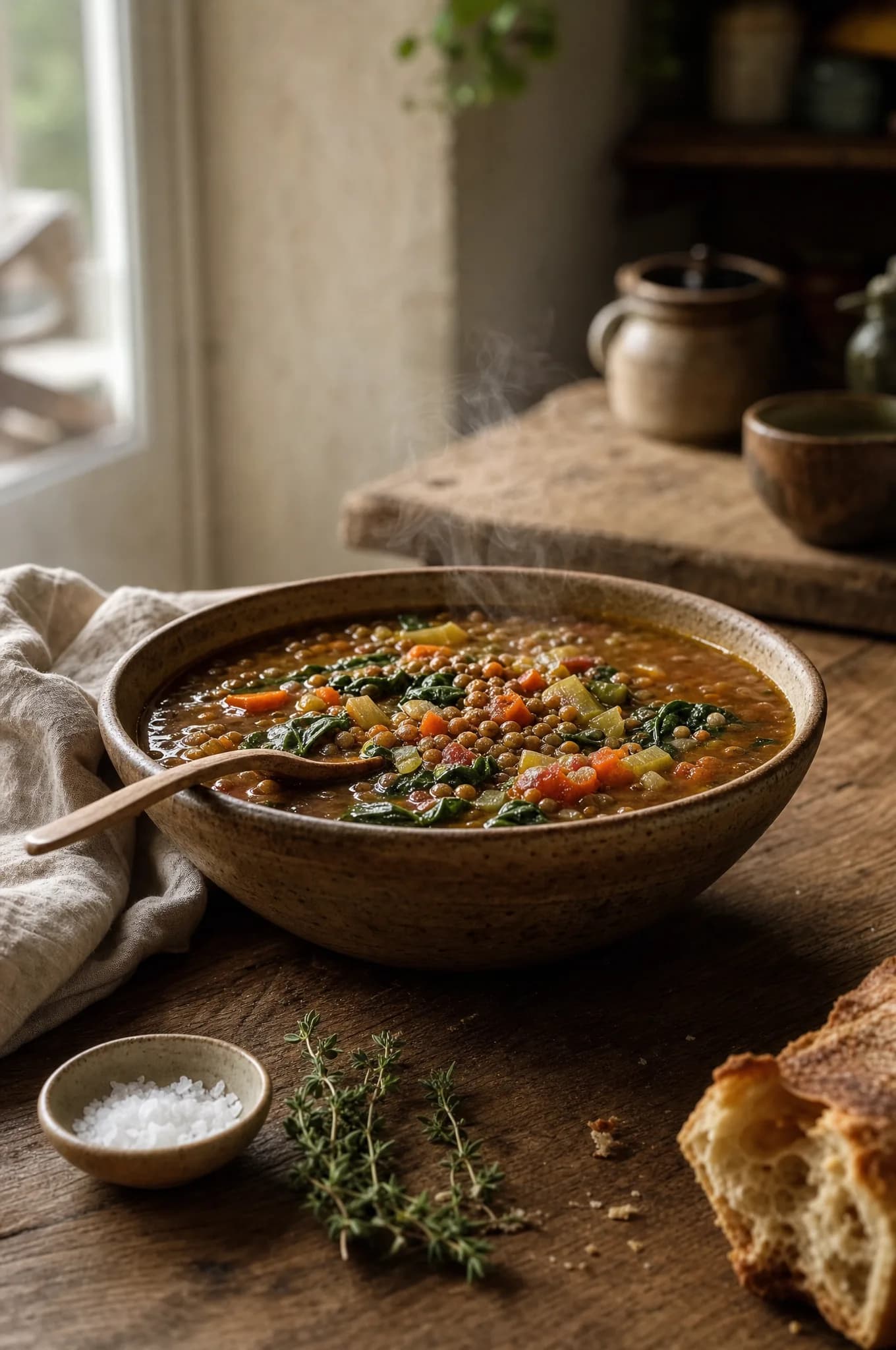 A rustic bowl of lentil and vegetable soup with brown lentils, carrots, celery, tomatoes, and wilted spinach in a savory broth