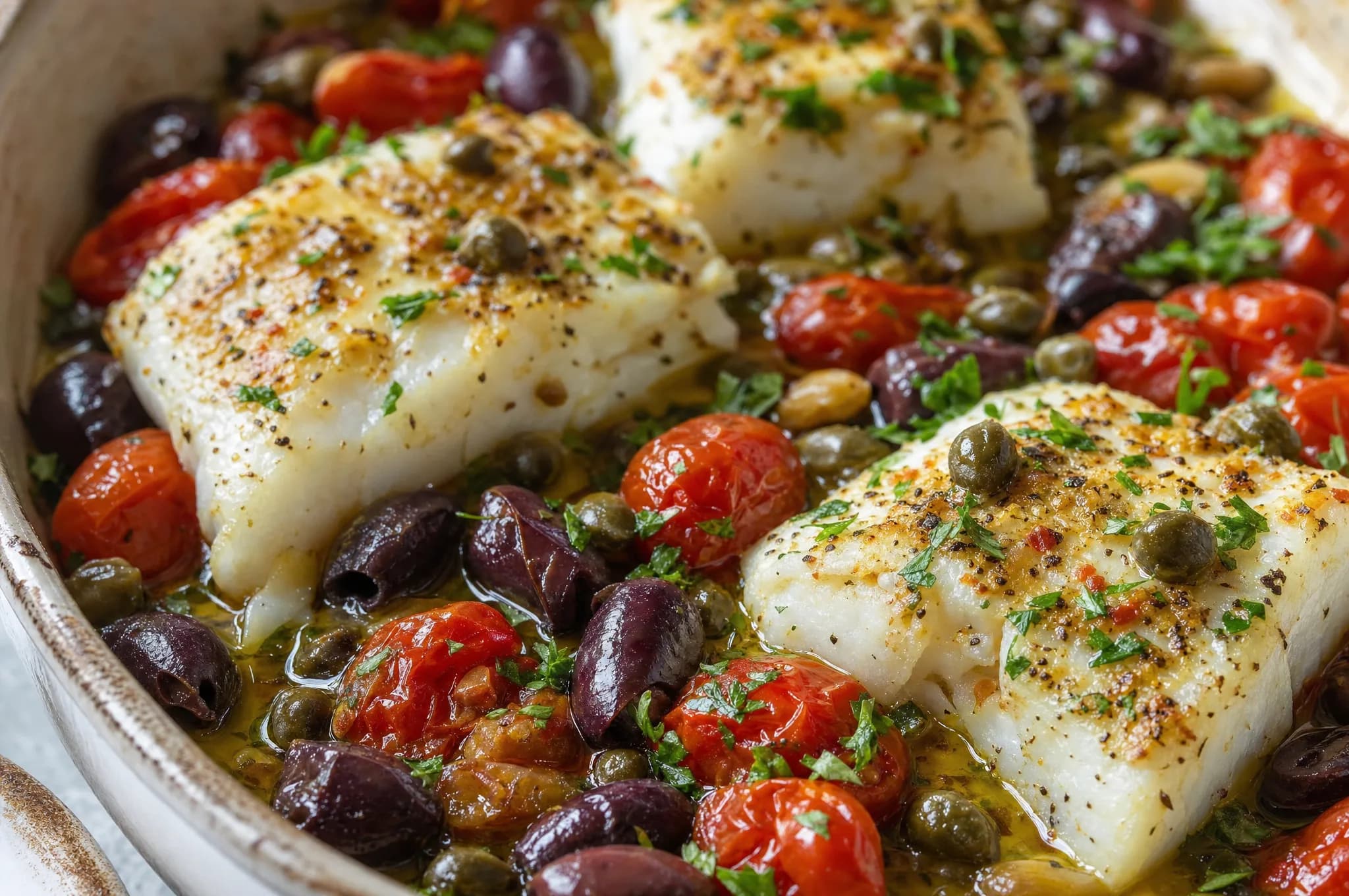 Baked cod fillets topped with roasted cherry tomatoes, kalamata olives, and capers, scattered with parsley and lemon in a baking dish