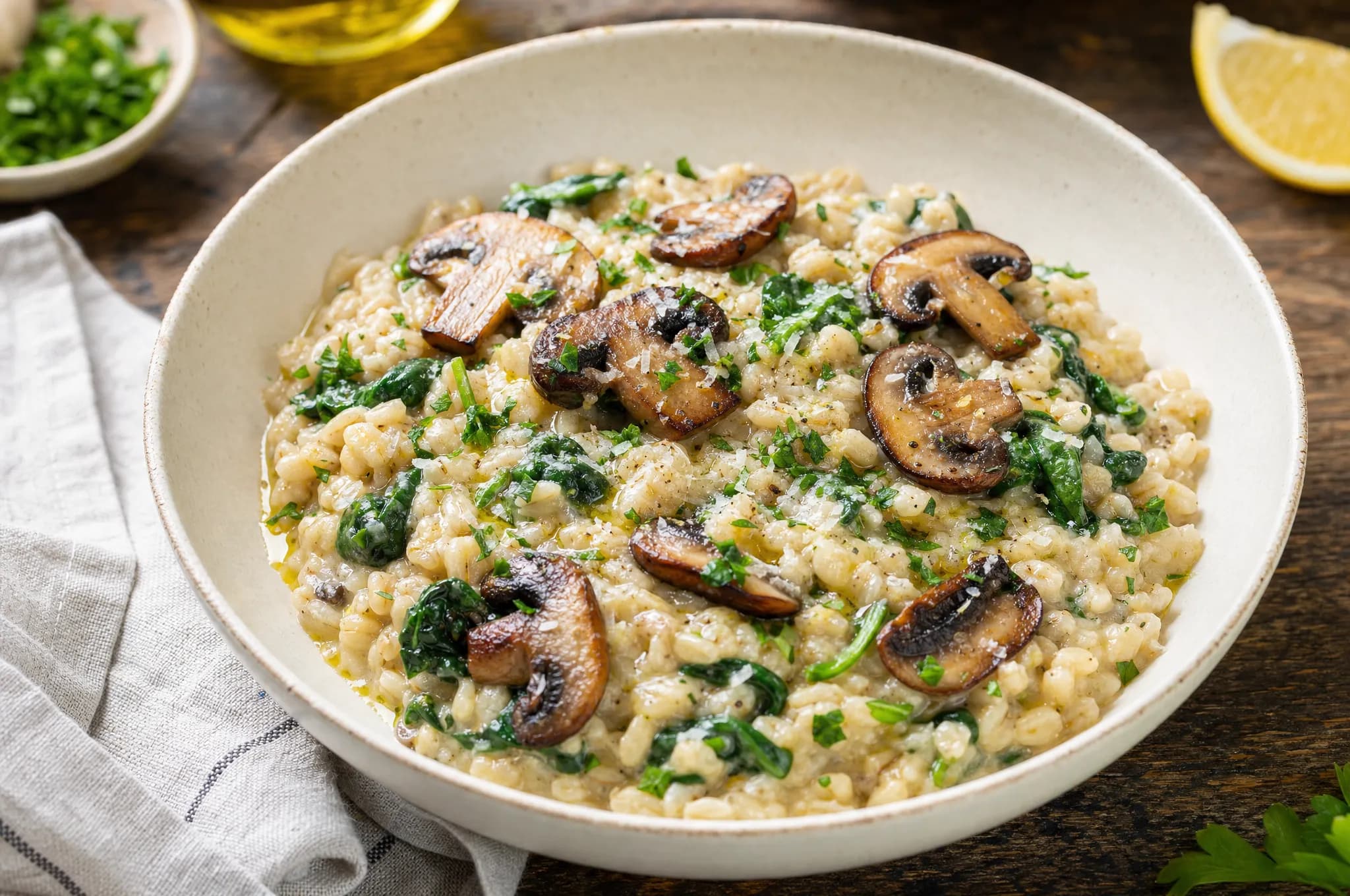 A bowl of creamy mushroom and barley risotto with browned cremini mushrooms, wilted spinach, parsley, and olive oil on a rustic dark-wood table