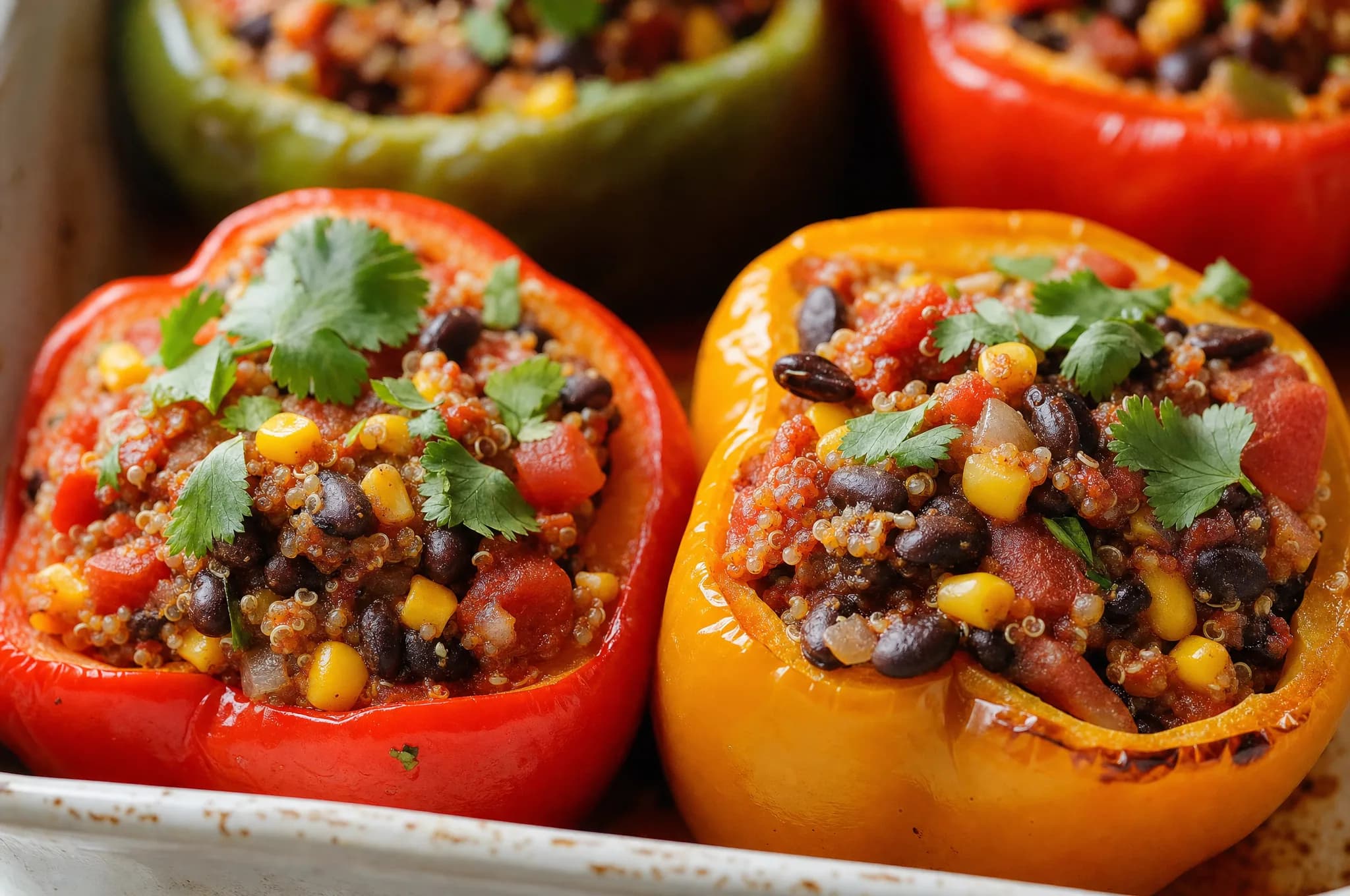 Halved bell peppers filled with quinoa, black beans, corn, and diced tomato baked until tender in a ceramic dish
