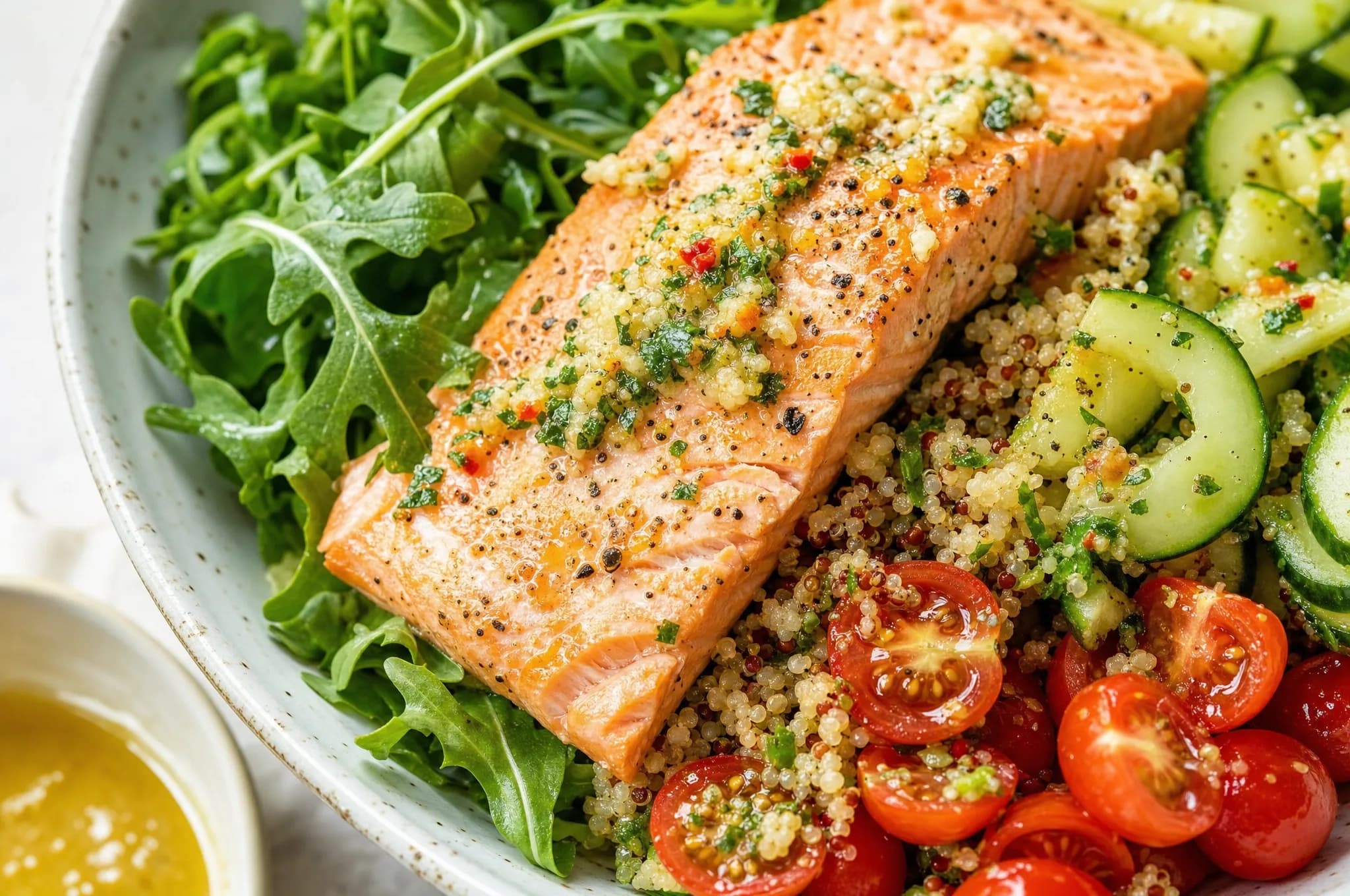 A Mediterranean salmon and quinoa bowl with flaked baked salmon over quinoa, baby greens, sliced cucumber, and halved cherry tomatoes, finished with a lemon-olive-oil drizzle