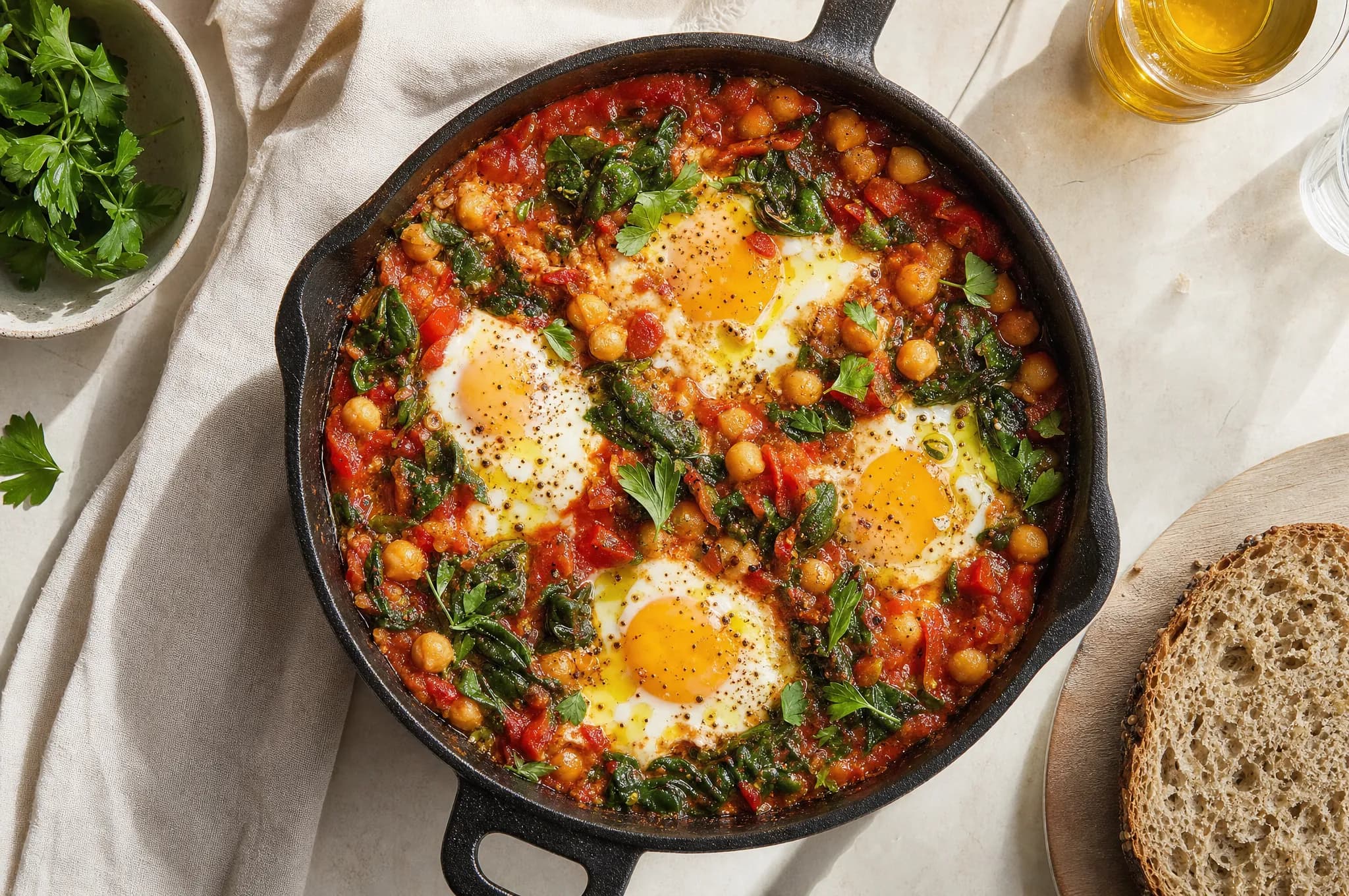 A cast-iron skillet of shakshuka: eggs poached in a red tomato and pepper sauce with chickpeas and wilted greens, scattered with parsley, a slice of whole-grain bread alongside