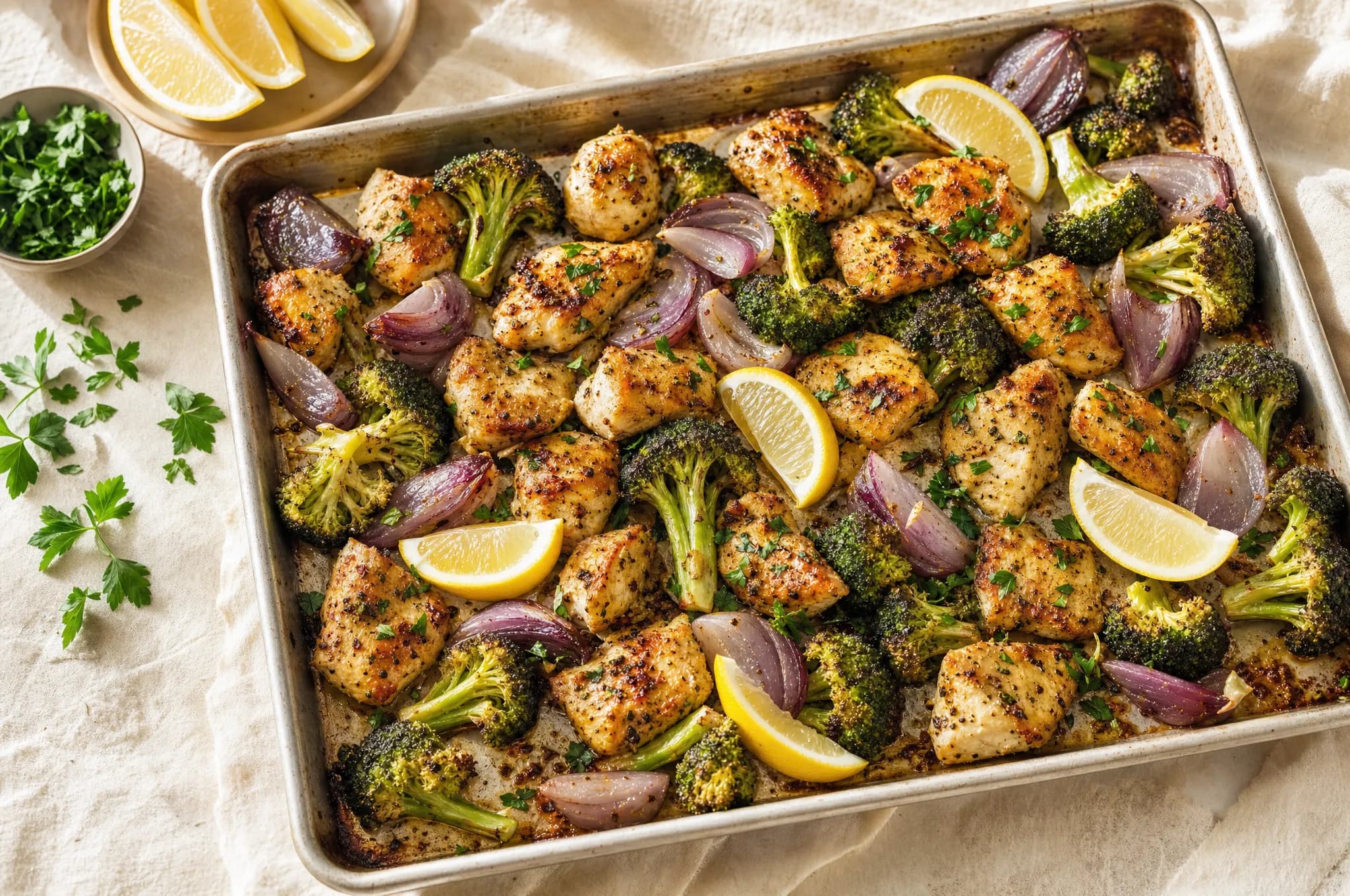 Roasted chunks of chicken and charred broccoli florets with red onion on a sheet pan, finished with lemon and parsley