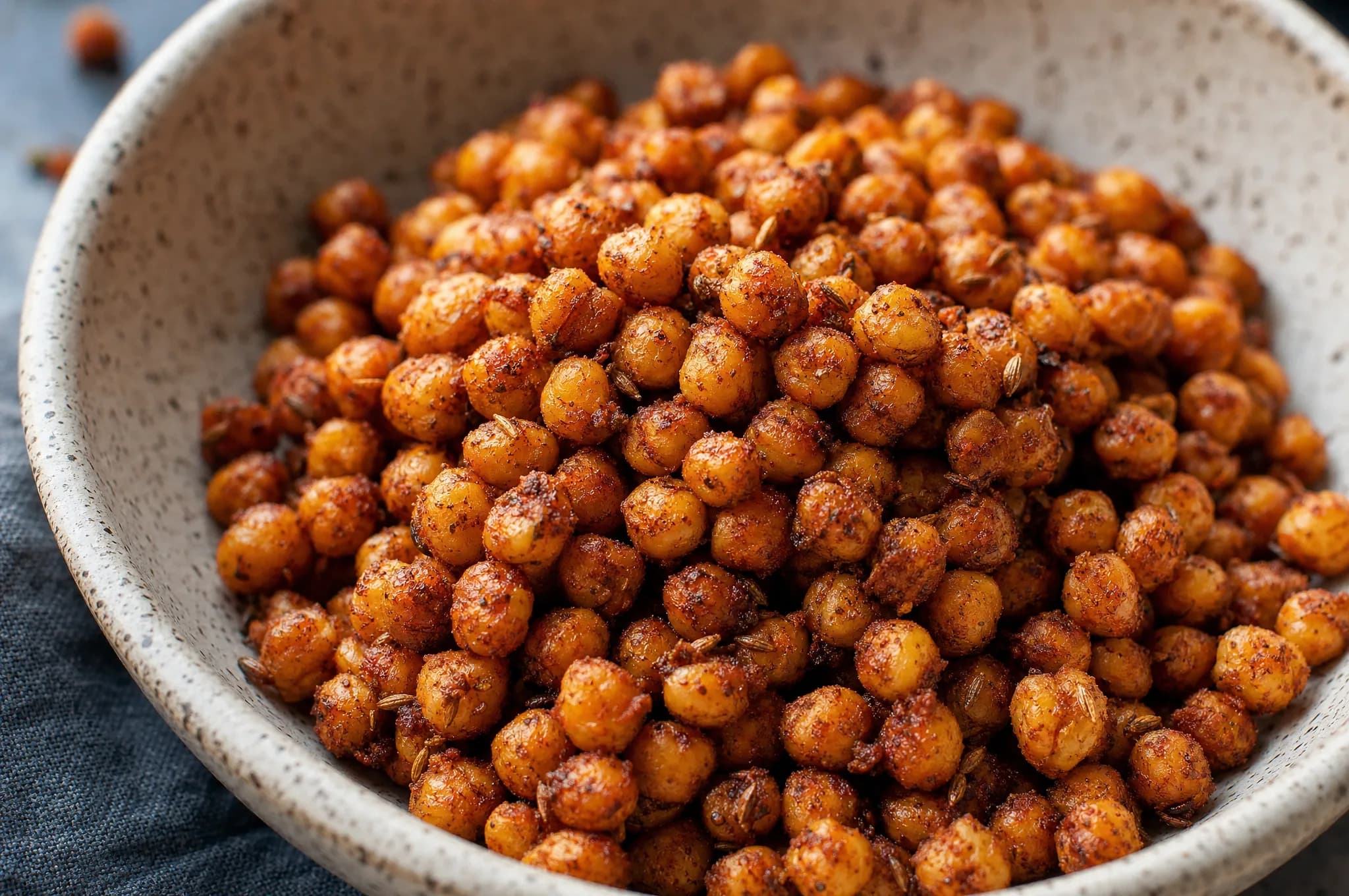 Golden roasted chickpeas dusted with smoked paprika and cumin, spread crisp on a parchment-lined baking sheet