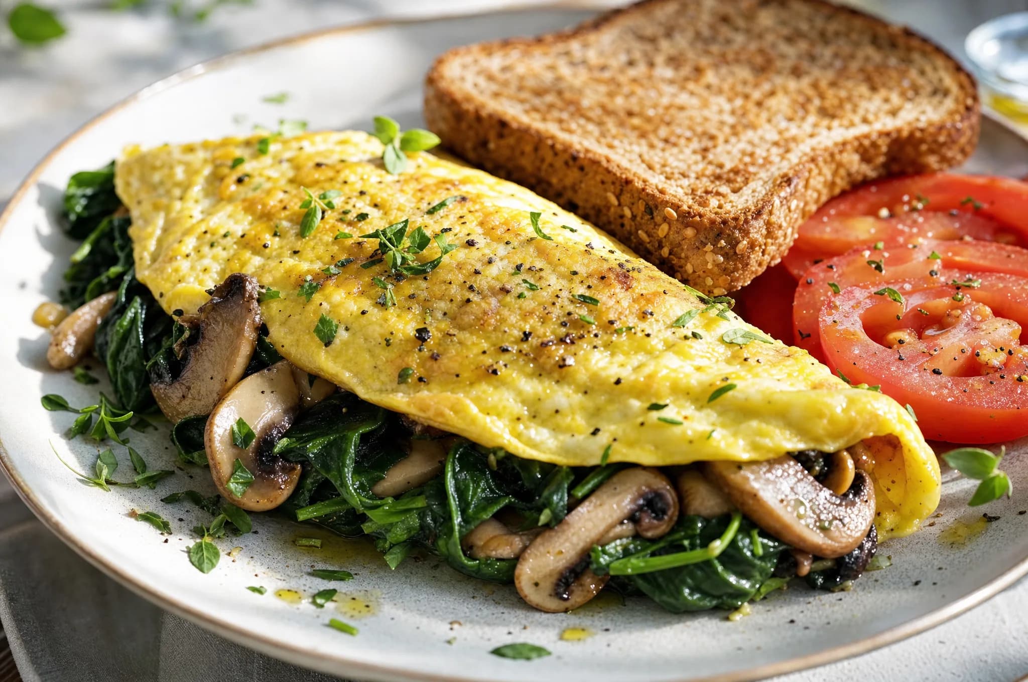 A folded spinach and mushroom omelet on a plate beside whole-grain toast and sliced tomato, cooked in olive oil