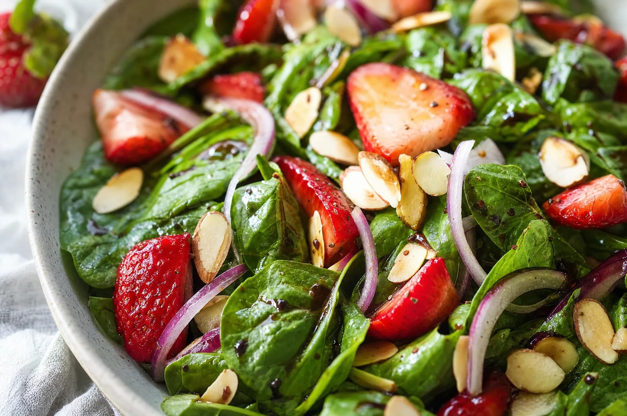 Baby spinach and sliced strawberry salad with toasted almonds and thin red onion in a balsamic vinaigrette in a white bowl