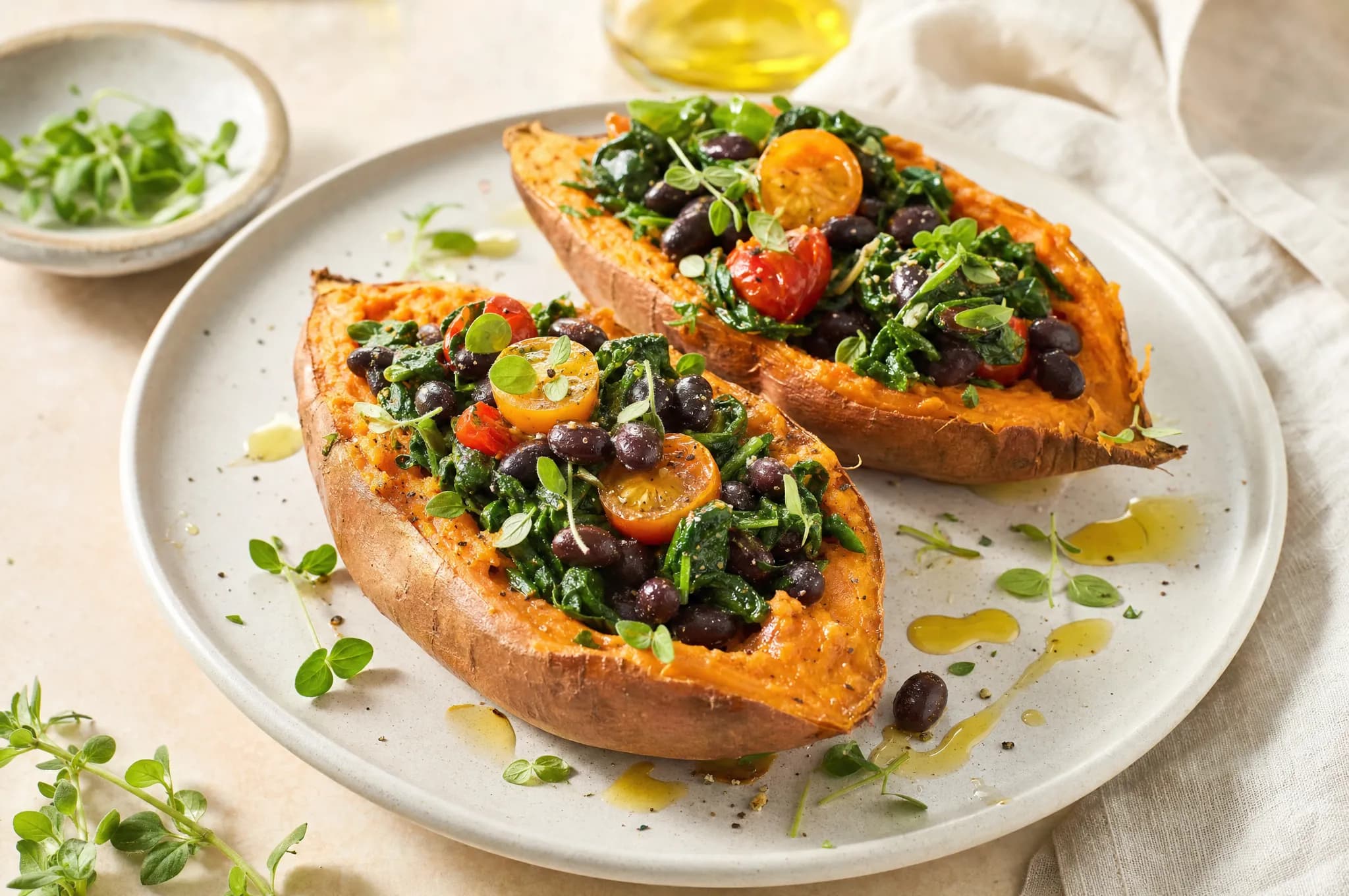 Two roasted sweet potato halves on a light plate, stuffed with black beans, sauteed greens, and cherry tomatoes, drizzled with olive oil and scattered with fresh herbs