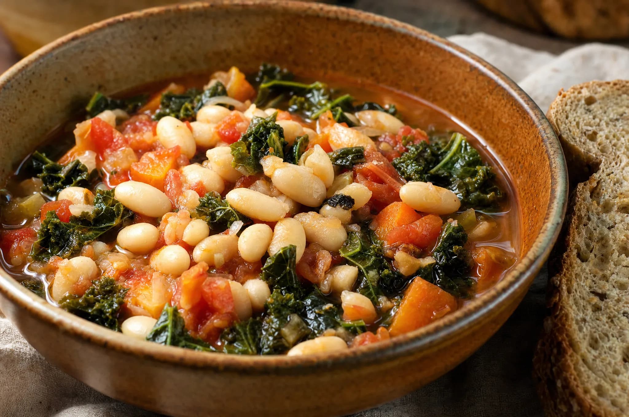 A rustic bowl of Tuscan white bean and kale stew with cannellini beans, tomatoes, and dark greens in a savory broth, a slice of whole-grain bread alongside