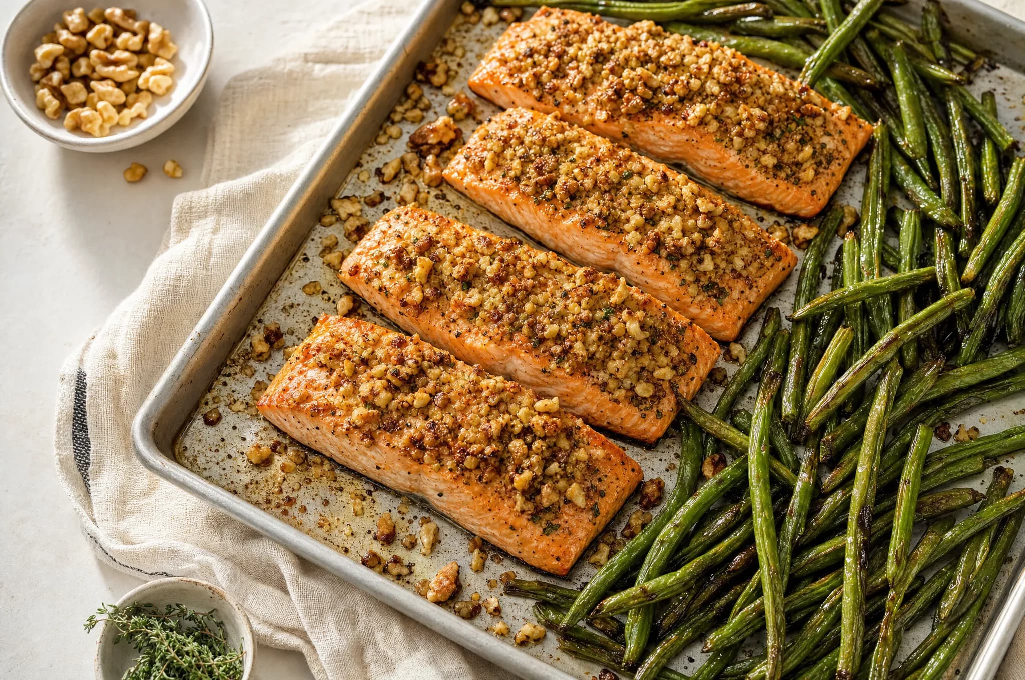Baked salmon fillets topped with a golden crushed walnut crust, served with roasted green beans on a sheet pan