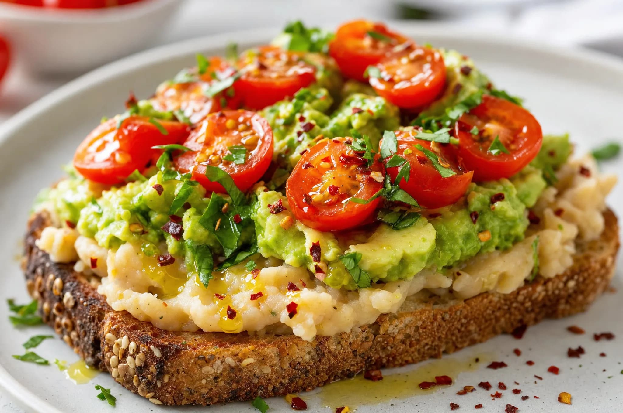 Two slices of whole-grain toast topped with mashed white beans and avocado, halved cherry tomatoes, red pepper flakes, and fresh herbs on a plate with lemon wedges