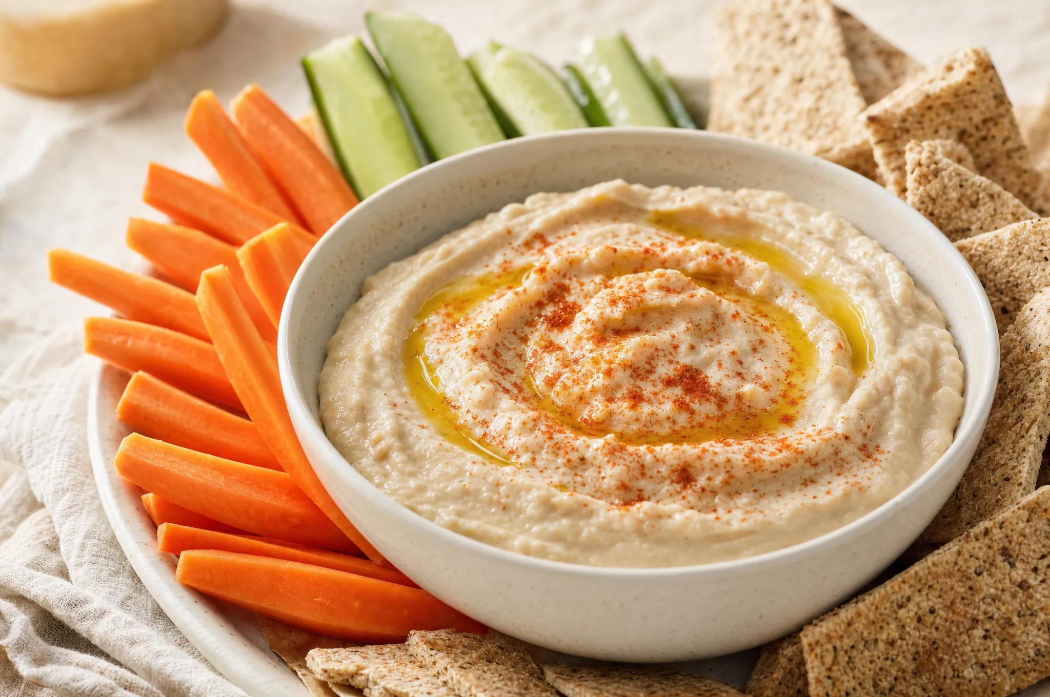 A bowl of creamy white bean hummus drizzled with olive oil and a dusting of paprika, surrounded by sliced vegetables and pita for dipping