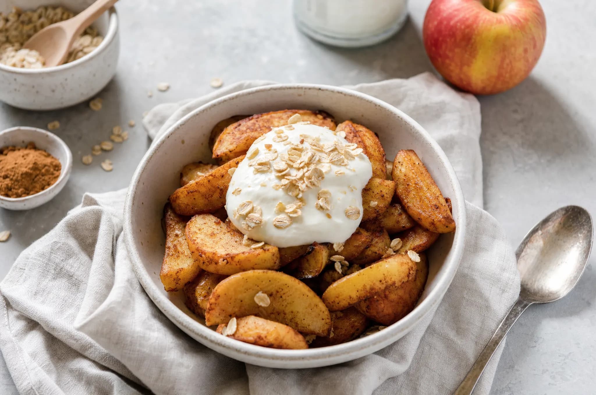 Air fryer cinnamon apple slices in a small bowl topped with a dollop of yogurt and a sprinkle of oats