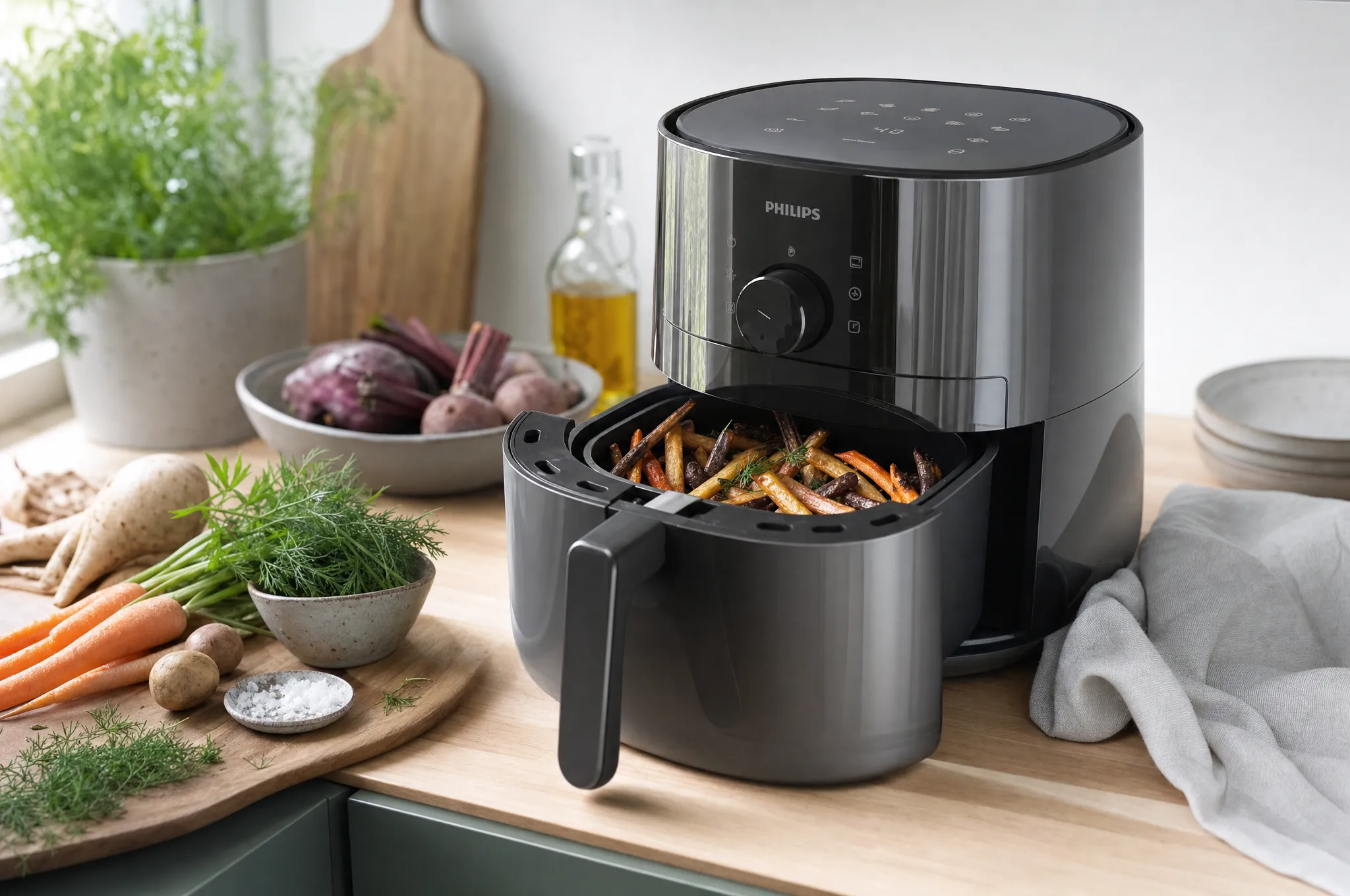 An air fryer on a light wood kitchen counter with the basket pulled out showing crispy root vegetable fries, dill and vegetables around it