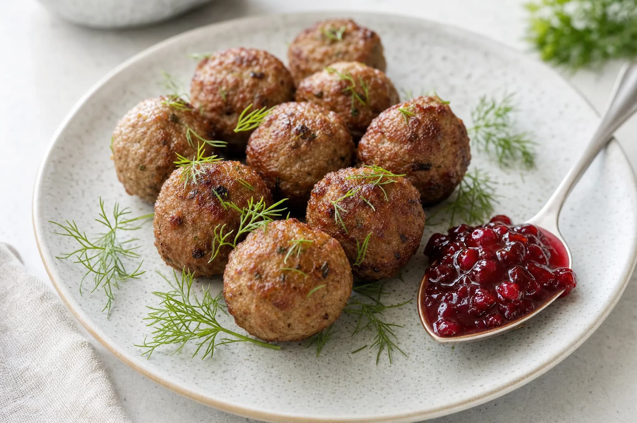 Golden air-fried Swedish meatballs with a spoon of red lingonberry and fresh dill on a pale stoneware plate