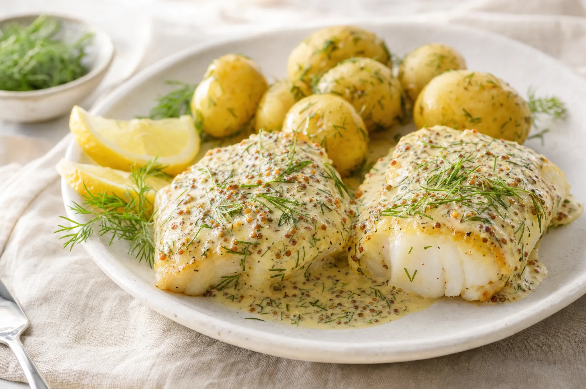 Baked white cod fillets on a plate topped with a creamy dill and grainy-mustard sauce, with lemon wedges and fresh dill alongside