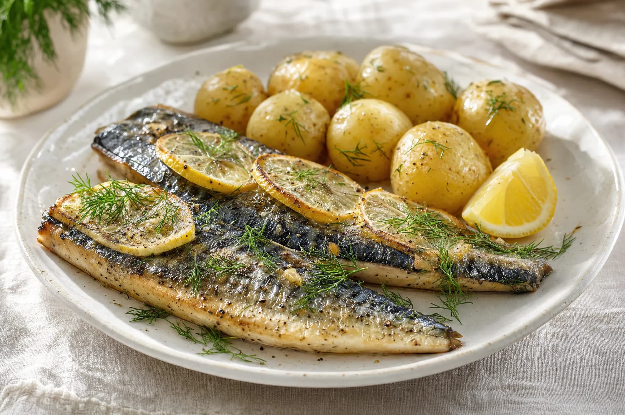 Oven-baked mackerel fillets with crisp skin, lemon slices, and fresh dill on a light ceramic plate, with boiled new potatoes and a lemon wedge alongside