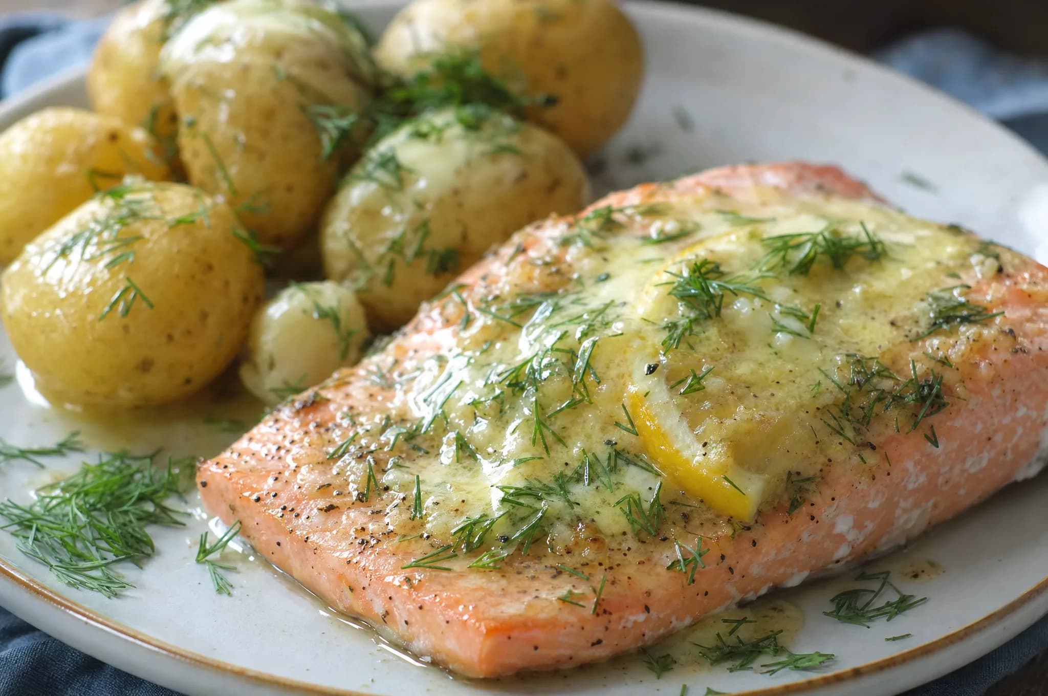 Four baked trout fillets topped with fresh dill and lemon slices in a buttery pan, with new potatoes alongside